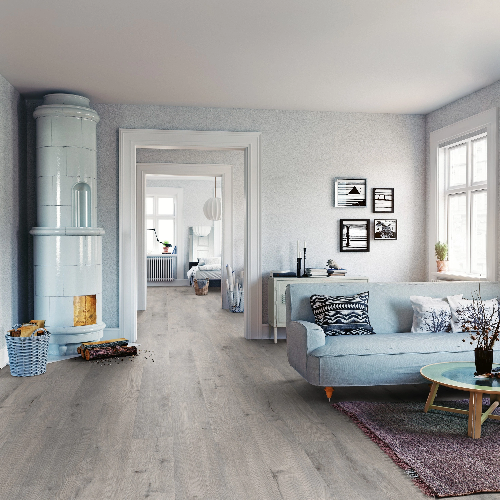 Milieubild Wohnzimmer mit Sofa und Kachelofen - ter Hürne Laminat Grand Edition Eiche Sky Lounge Milieubild Wohnzimmer mit Sofa und Kachelofen - ter Hürne 1101021830