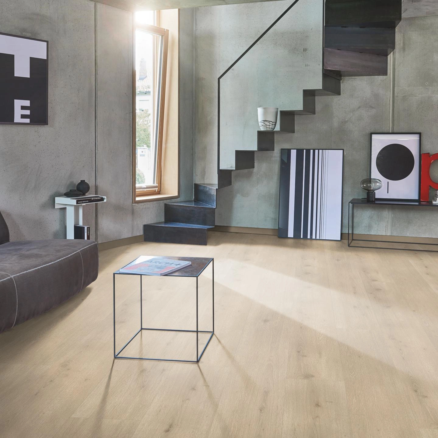 Milieubild Wohnzimmer im modernen Loft-Stil - Parador HDF Klick-Designboden Modular ONE Eiche Urban hell Milieubild Wohnzimmer im modernen Loft-Stil - Parador 1730805