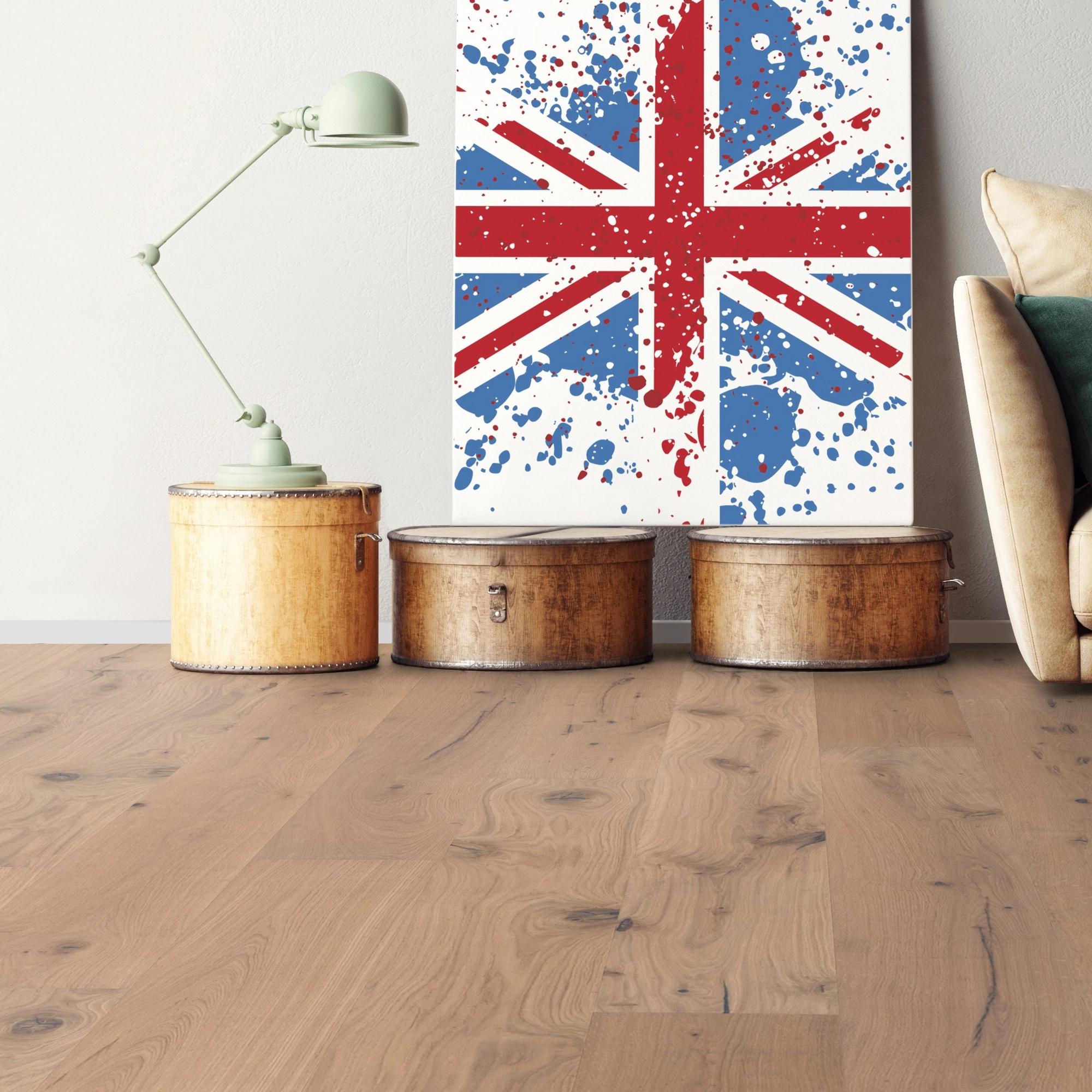 Milieubild Wohnzimmer mit Sofa - bodentiefe Perspektive - Bennett & Jones Parkett Britain's Finest Oak No. 6 Stirling Milieubild Wohnzimmer mit Sofa - bodentiefe Perspektive - Bennett & Jones 1148010113