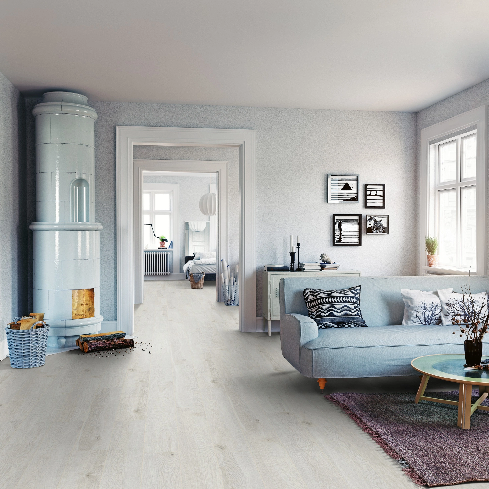 Milieubild Wohnzimmer mit Sofa und Kachelofen - ter Hürne Klick-Designboden Dureco Strong Classic Edition Eiche Santorini Milieubild Wohnzimmer mit Sofa und Kachelofen - ter Hürne 1101260052