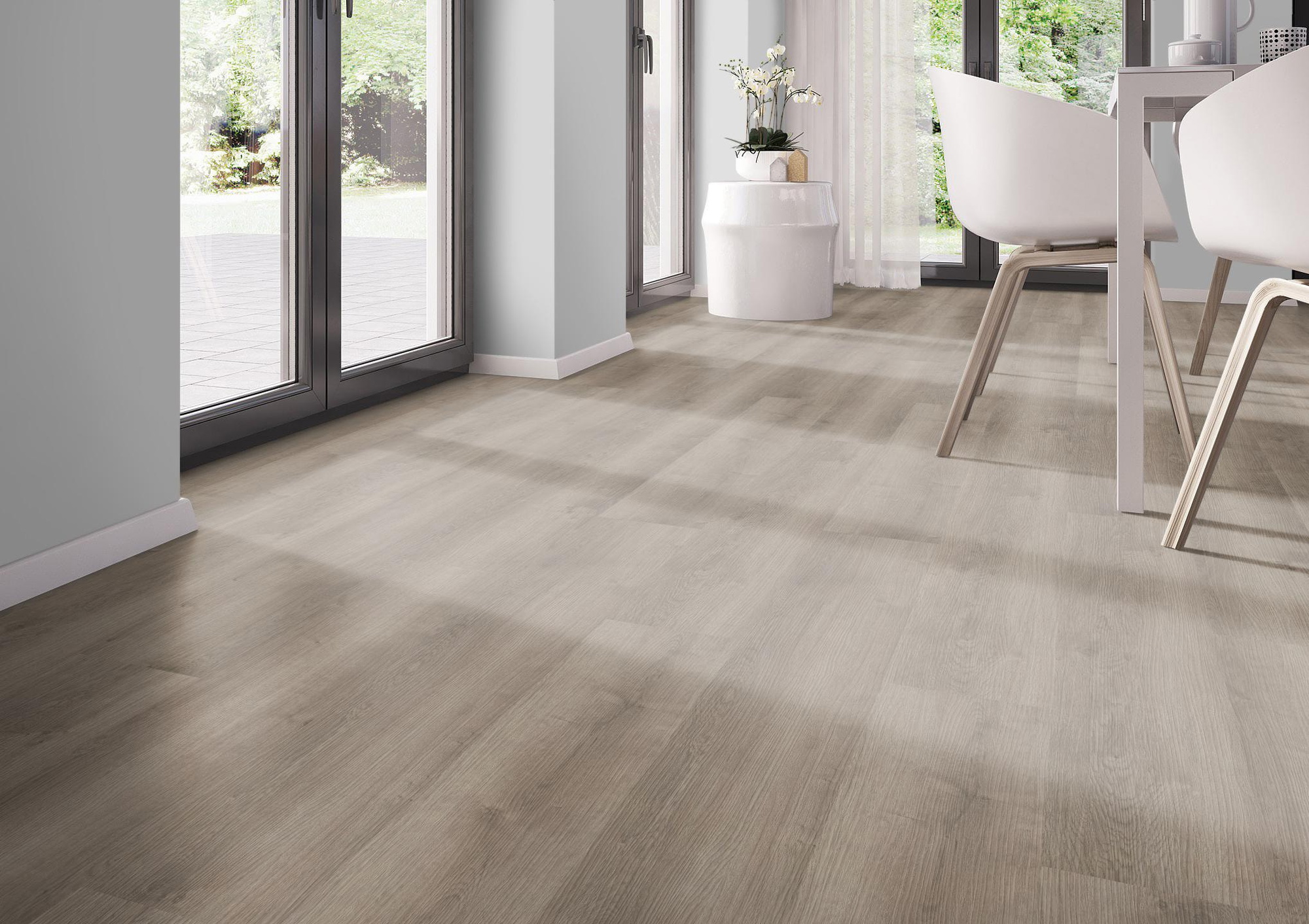Milieubild Modernes Esszimmer - bodentiefe Perspektive - nexflor Rigid Klick-Vinyl Apollo Click Collection Athens Oak Milieubild Modernes Esszimmer - bodentiefe Perspektive - nexflor NXF-60030-001