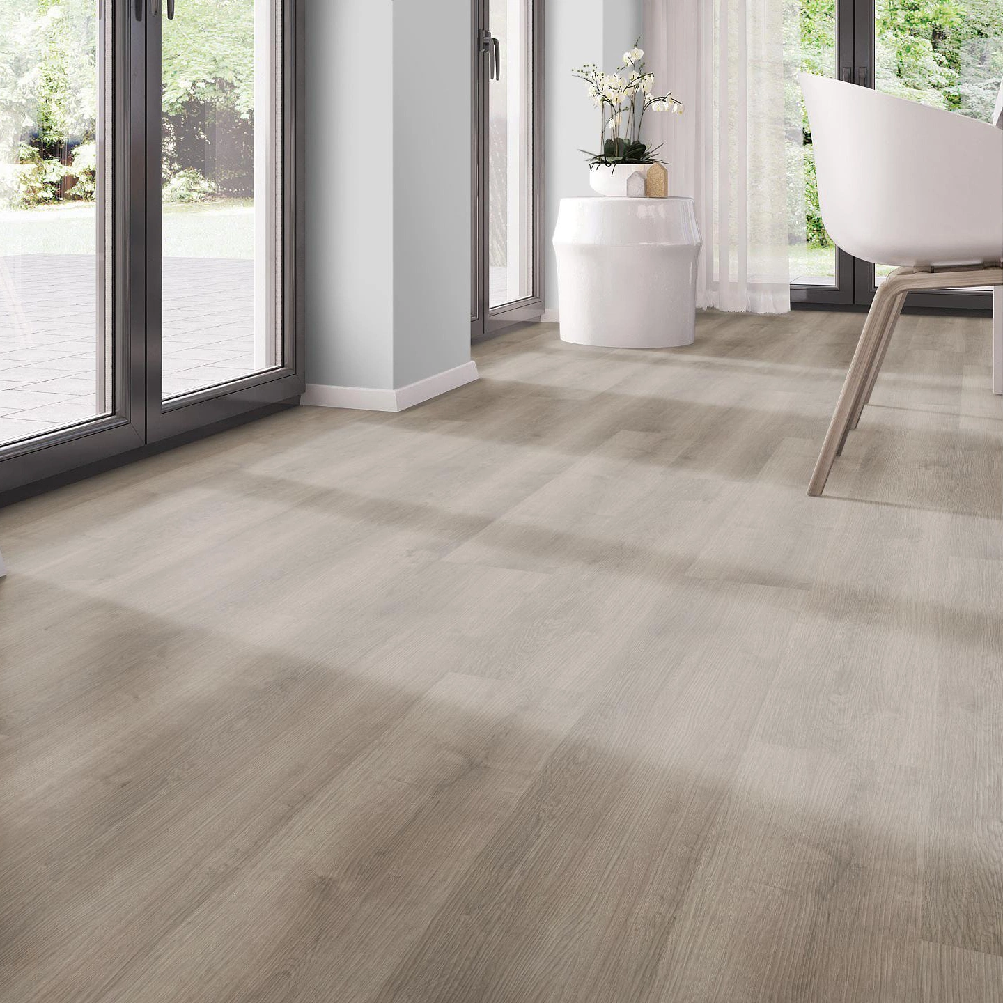 Milieubild Modernes Esszimmer - bodentiefe Perspektive - nexflor Rigid Klick-Vinyl Apollo Click Collection Athens Oak Milieubild Modernes Esszimmer - bodentiefe Perspektive - nexflor NXF-60030-001