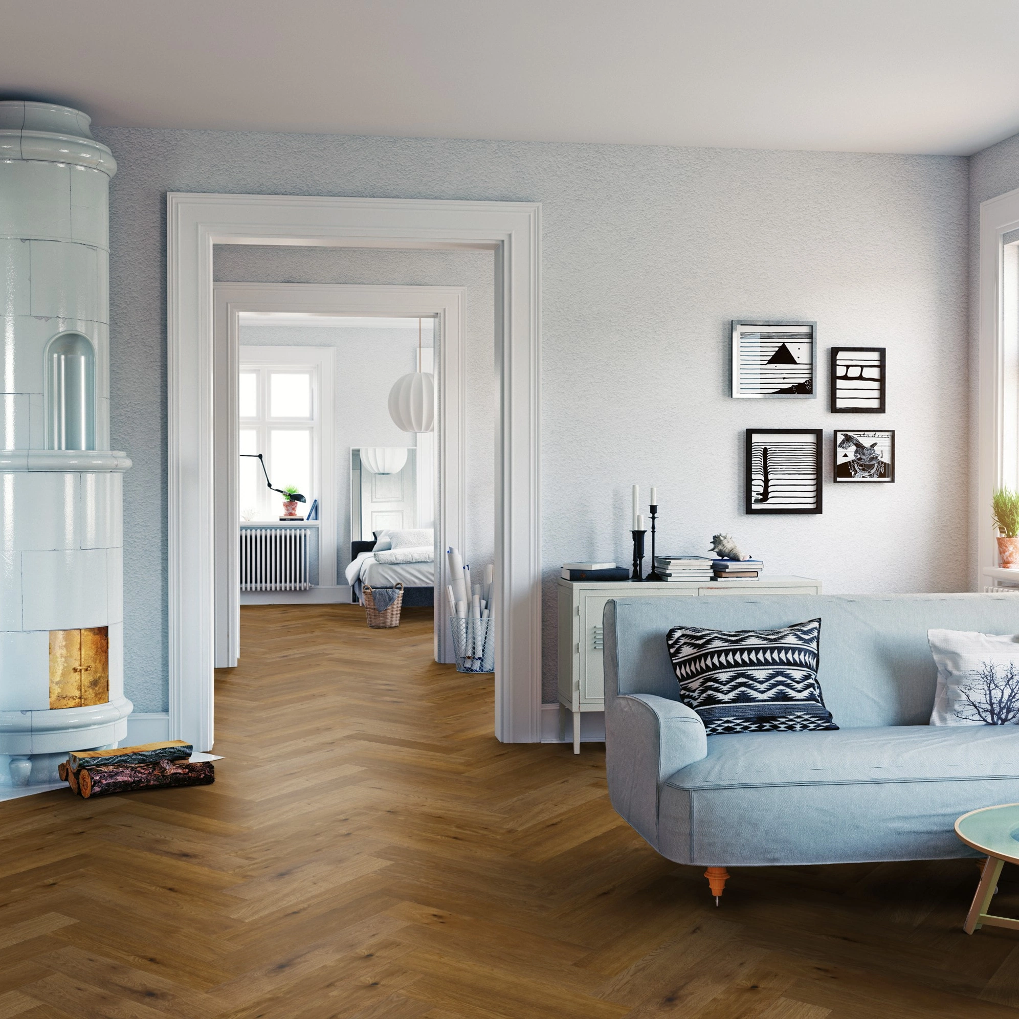 Milieubild Wohnzimmer mit Sofa und Kachelofen - Thede & Witte Parkett Maxistab Eiche geräuchert Milieubild Wohnzimmer mit Sofa und Kachelofen - Thede & Witte 52MSÖENF15EI65