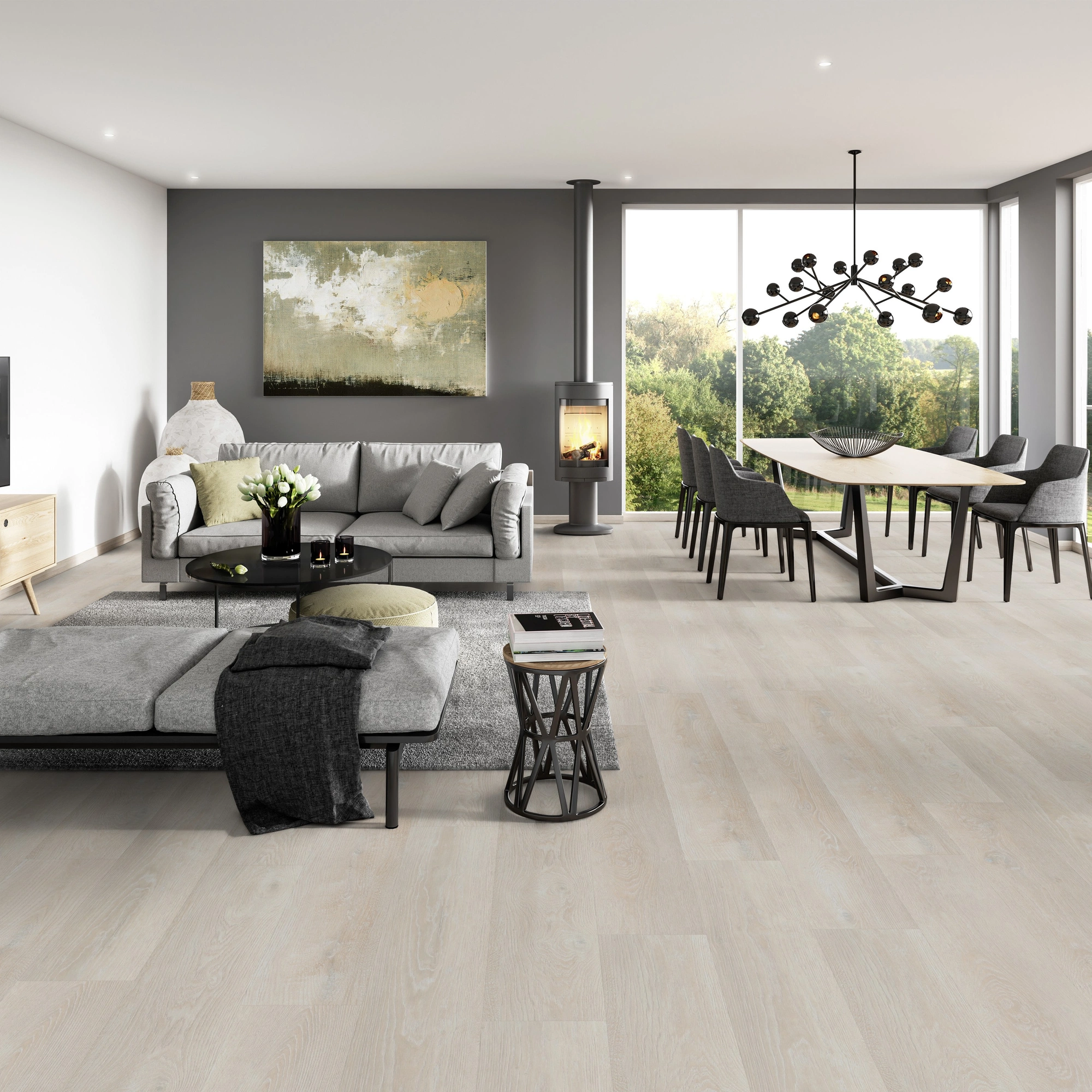 Milieubild Modernes Wohnzimmer mit Essbereich - ter Hürne Klebe-Vinyl Pro Classic Edition Eiche Stockholm Milieubild Modernes Wohnzimmer mit Essbereich - ter Hürne 1101210427