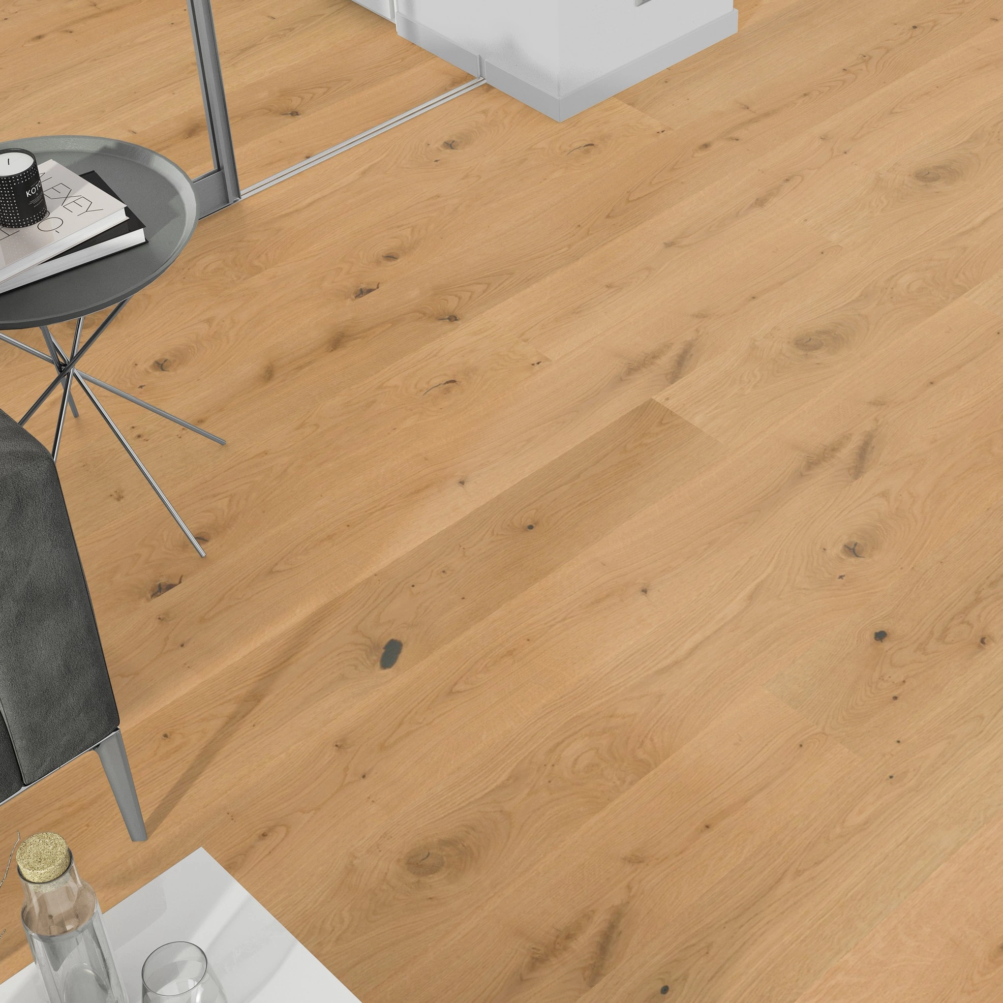 Milieubild Wohnzimmer mit grauem Sofa - Blick von oben - Admonter Parkett FLOORs Eiche stone Milieubild Wohnzimmer mit grauem Sofa - Blick von oben - Admonter 106188