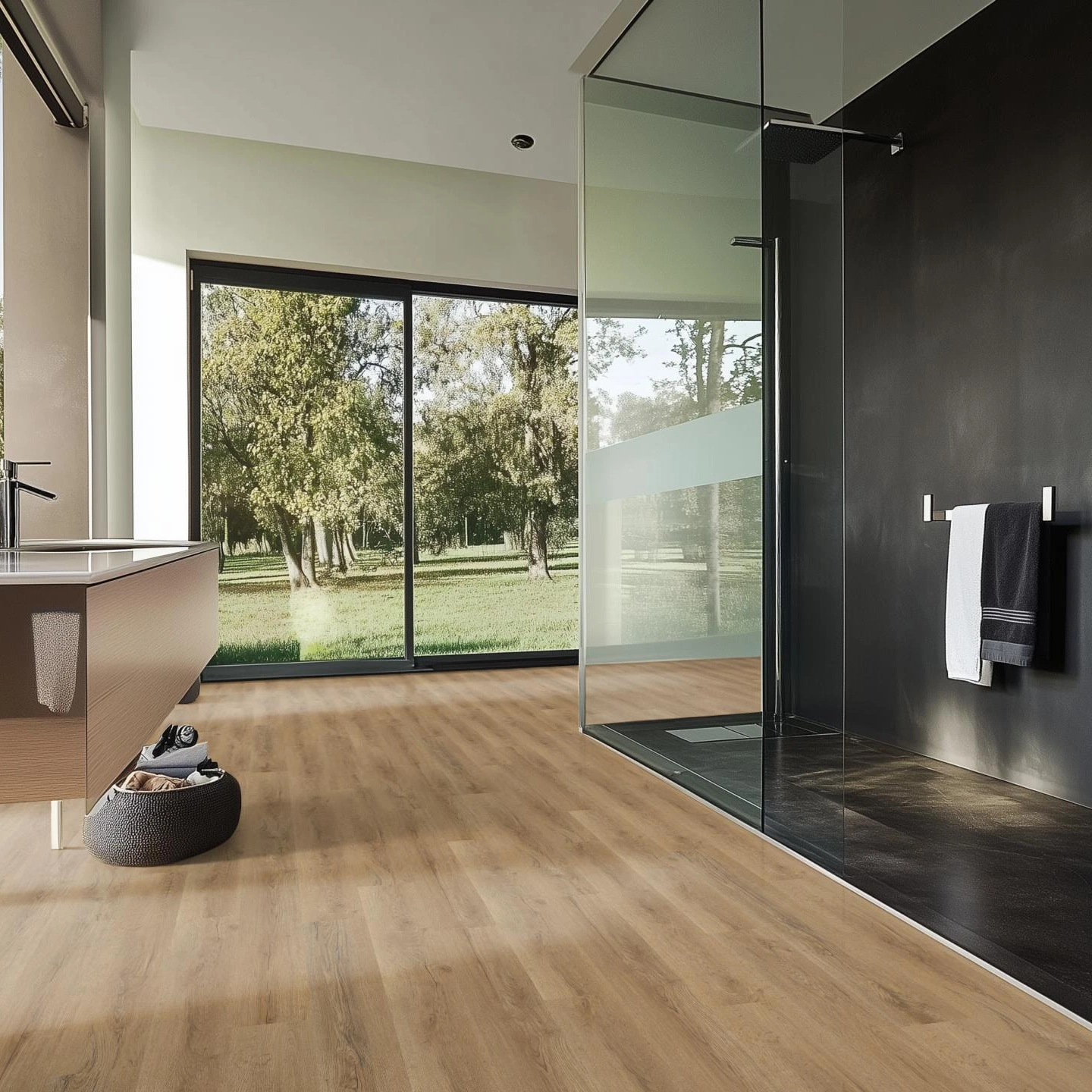 Milieubild Modernes Badezimmer mit bodentiefer Dusche - nexflor Rigid Klick-Vinyl Apollo Click Collection Naxos Oak Milieubild Modernes Badezimmer mit bodentiefer Dusche - nexflor NXF-60030-018