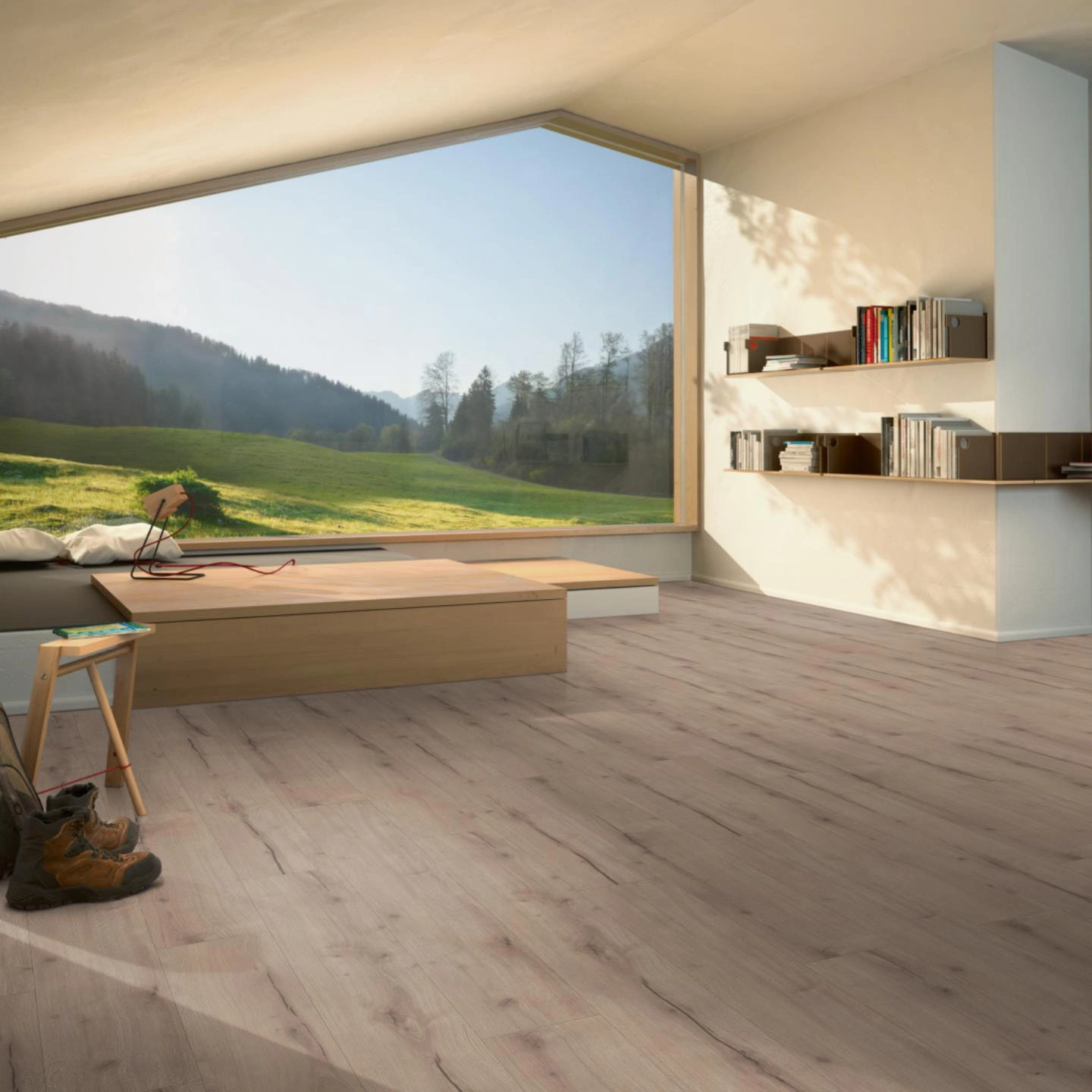 Milieubild Moderne Hütte mit Blick in die Natur - Parador HDF Klick-Designboden Modular ONE Eiche Helios grau Milieubild Moderne Hütte mit Blick in die Natur - Parador 1748710