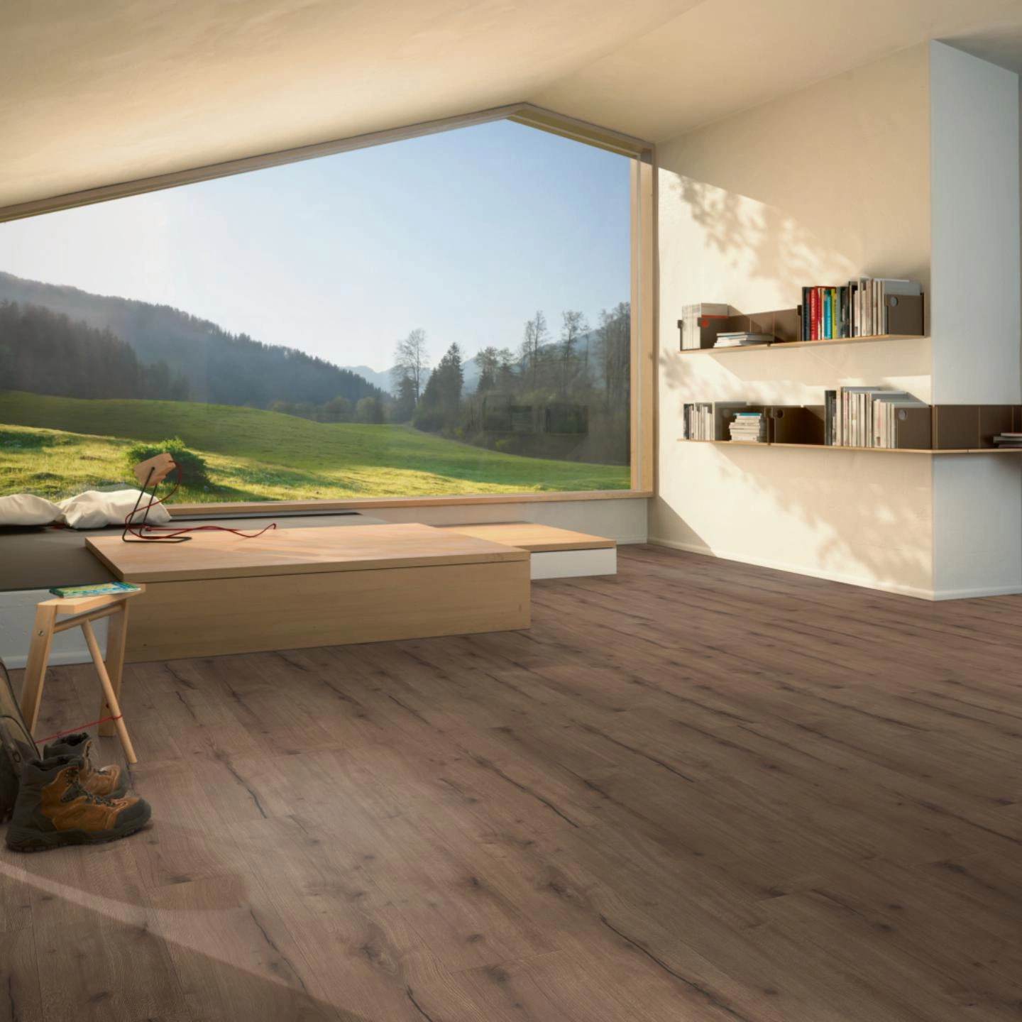 Milieubild Moderne Hütte mit Blick in die Natur - Parador HDF Klick-Designboden Modular ONE Eiche Helios geräuchert Milieubild Moderne Hütte mit Blick in die Natur - Parador 1748711