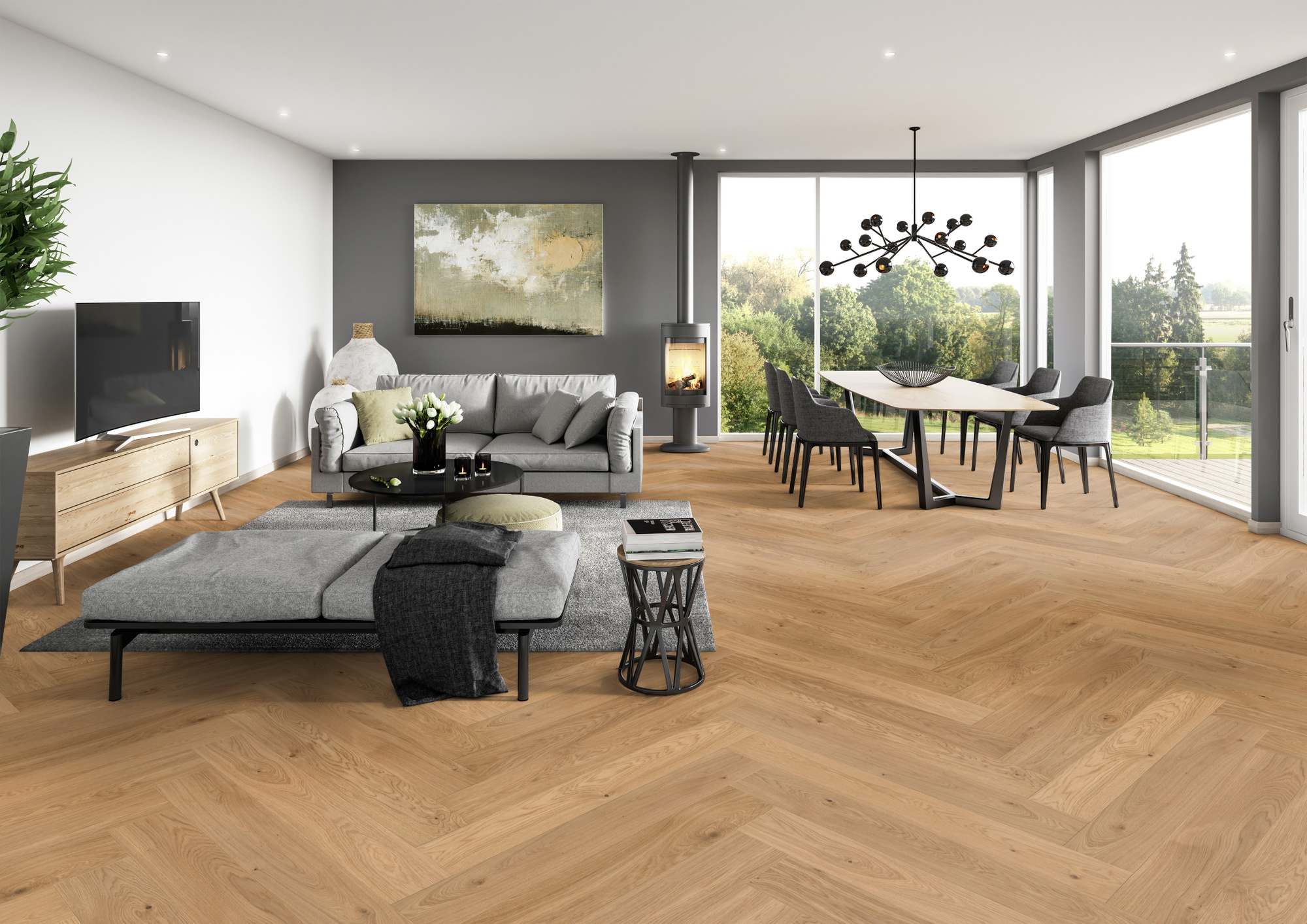 Milieubild Modernes Wohnzimmer mit Essbereich - ter Hürne Parkett Light Collection OLIO Eiche Tropez Milieubild Modernes Wohnzimmer mit Essbereich - ter Hürne 1101312816
