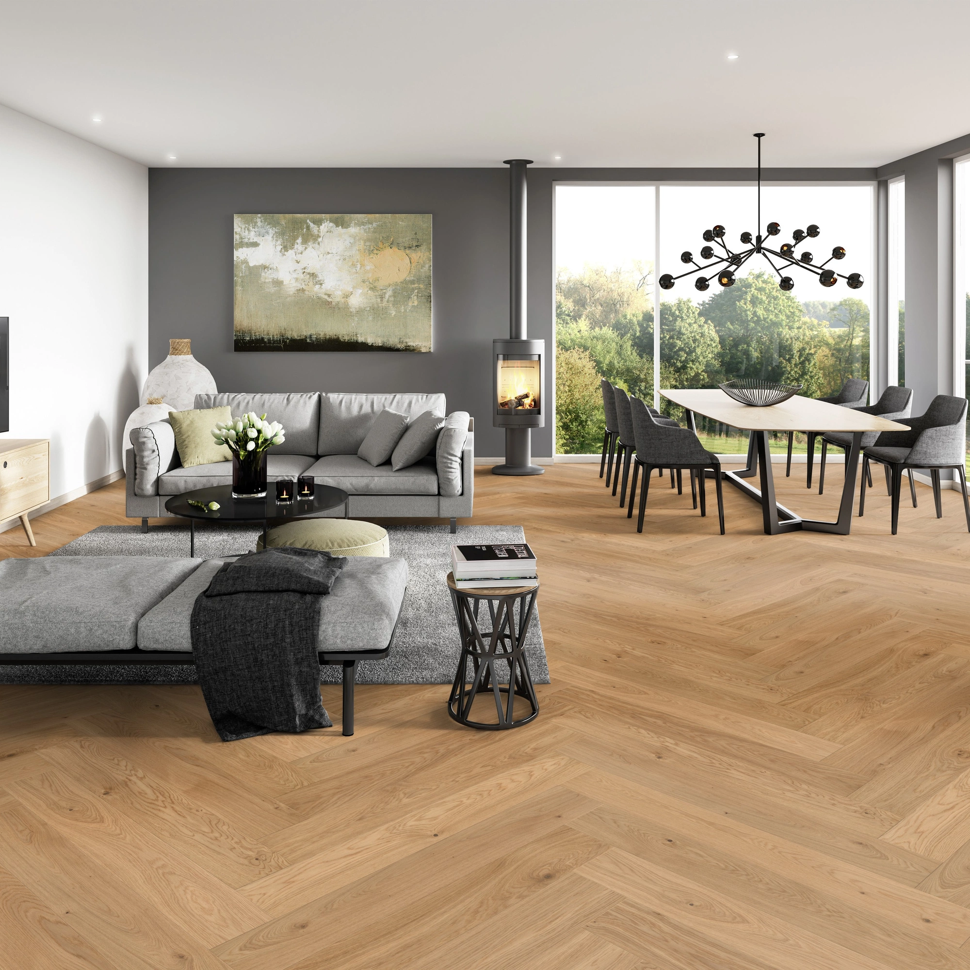 Milieubild Modernes Wohnzimmer mit Essbereich - ter Hürne Parkett Light Collection OLIO Eiche Tropez Milieubild Modernes Wohnzimmer mit Essbereich - ter Hürne 1101312816