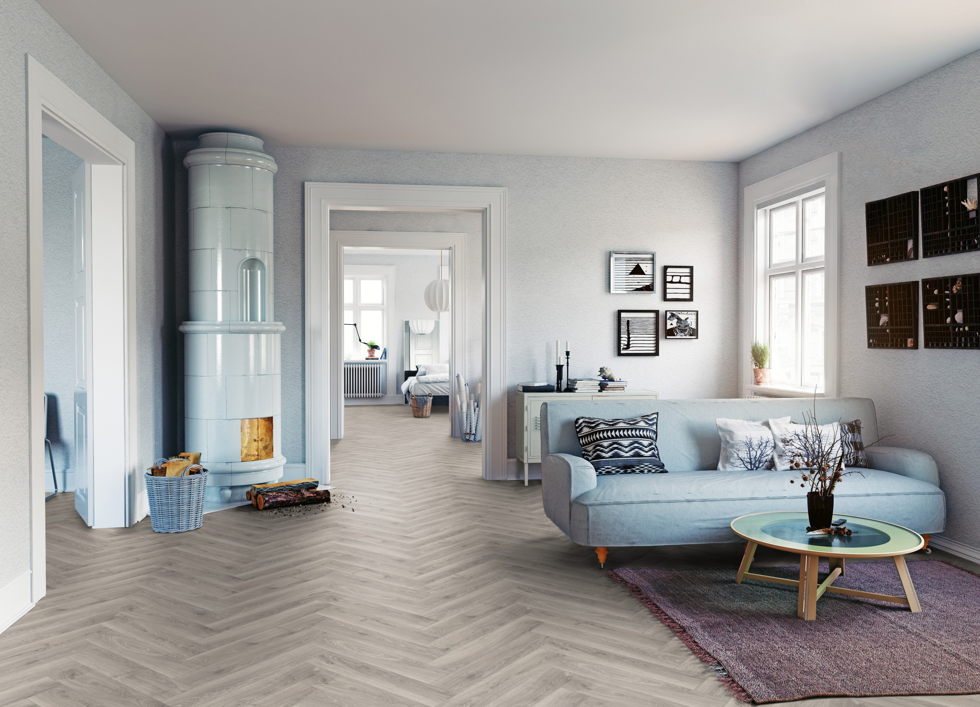 Milieubild Wohnzimmer mit Sofa und Kachelofen - ter Hürne Laminat Herringbone Edition Eiche Atelier Milieubild Wohnzimmer mit Sofa und Kachelofen - ter Hürne 1101021850