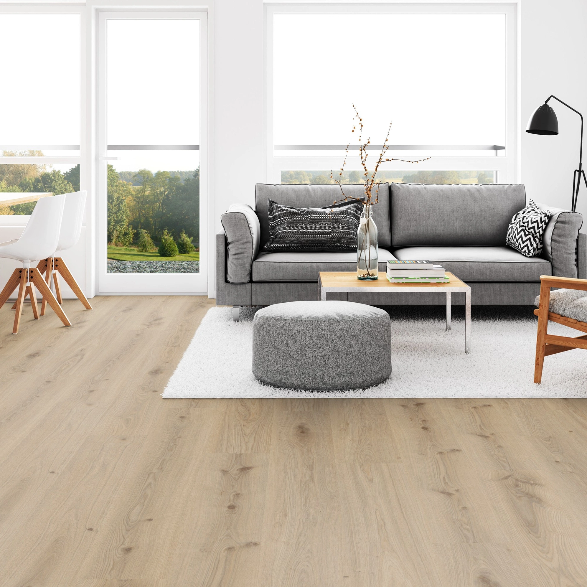 Milieubild Wohnzimmer mit Esszimmer - Tarkett Rigid Klick-Vinyl Essence Rigid 30 Primary Oak Natural Milieubild Wohnzimmer mit Esszimmer - Tarkett 260032004