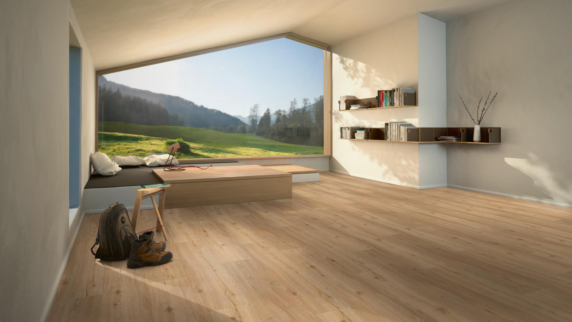 Milieubild Moderne Hütte mit Blick in die Natur - Parador Klebe-Vinyl Classic 2025 Eiche natur Milieubild Moderne Hütte mit Blick in die Natur - Parador 1748872