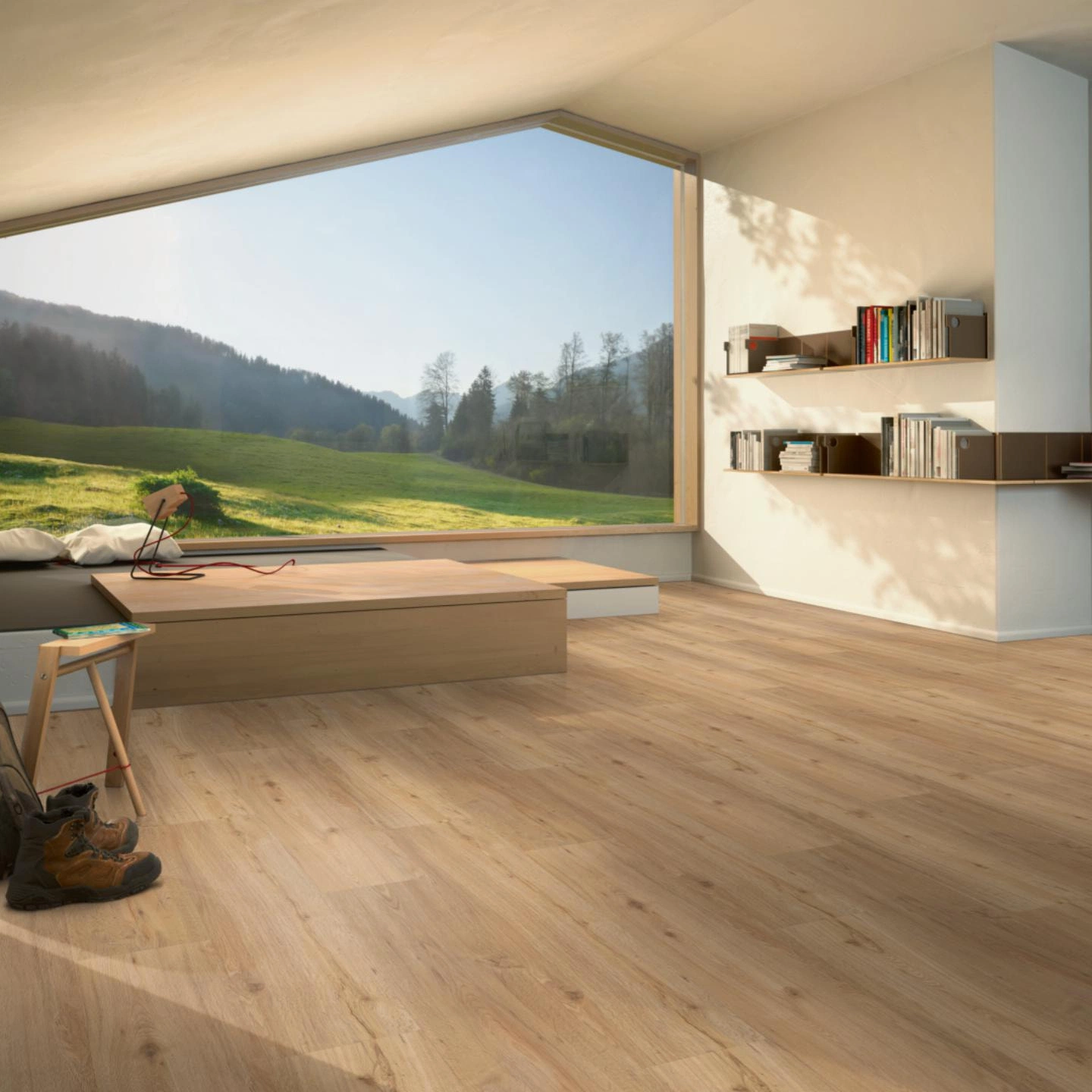 Milieubild Moderne Hütte mit Blick in die Natur - Parador Klebe-Vinyl Classic 2025 Eiche natur Milieubild Moderne Hütte mit Blick in die Natur - Parador 1748872