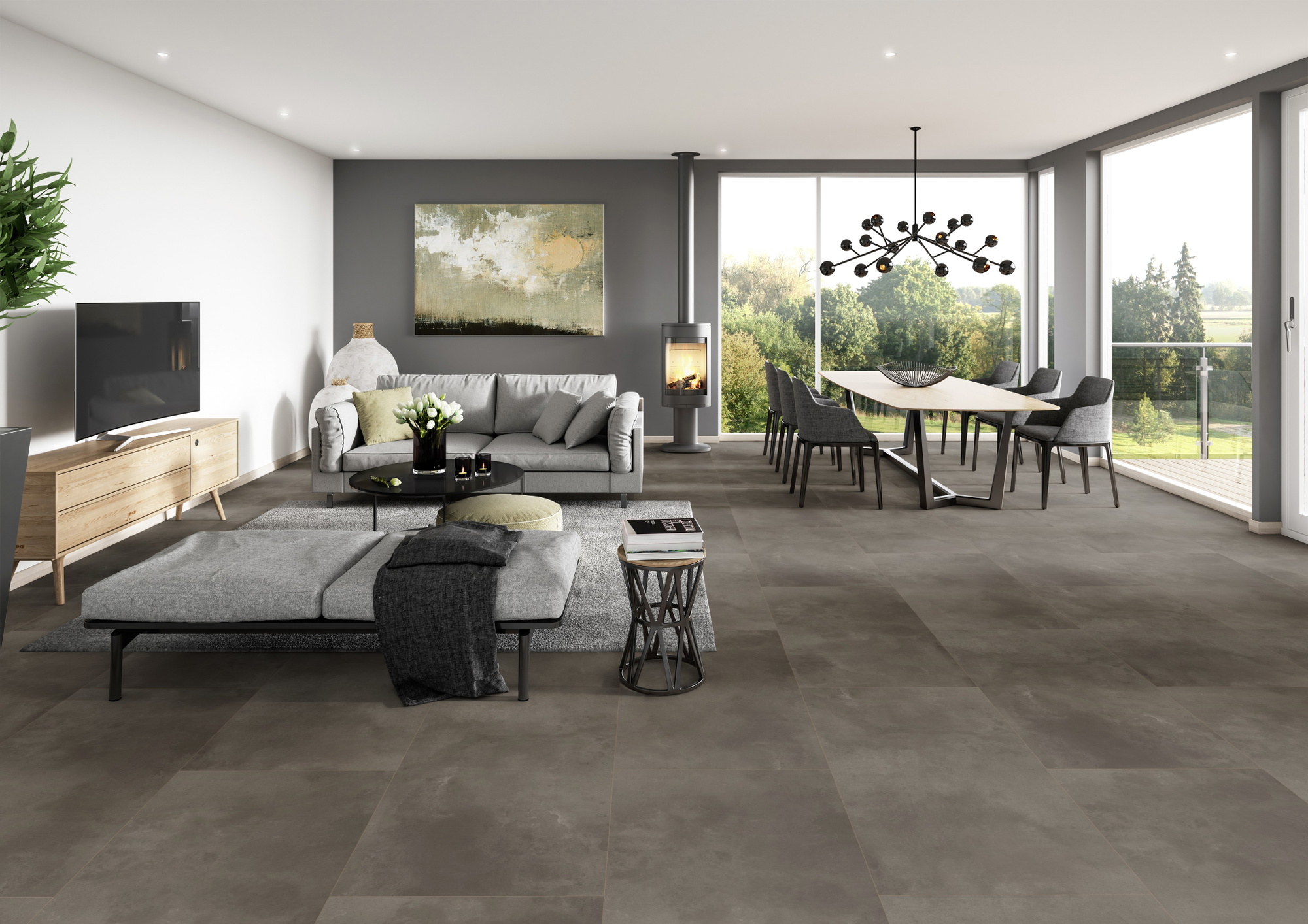 Milieubild Modernes Wohnzimmer mit Essbereich - ter Hürne Klebe-Designboden Avatara Pro Stone Edition Stein Orion Milieubild Modernes Wohnzimmer mit Essbereich - ter Hürne 1101270306