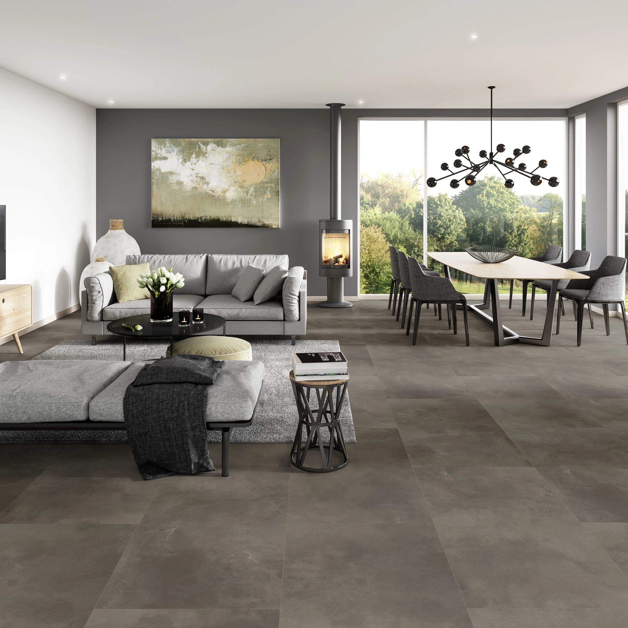 Milieubild Modernes Wohnzimmer mit Essbereich - ter Hürne Klebe-Designboden Avatara Pro Stone Edition Stein Orion Milieubild Modernes Wohnzimmer mit Essbereich - ter Hürne 1101270306