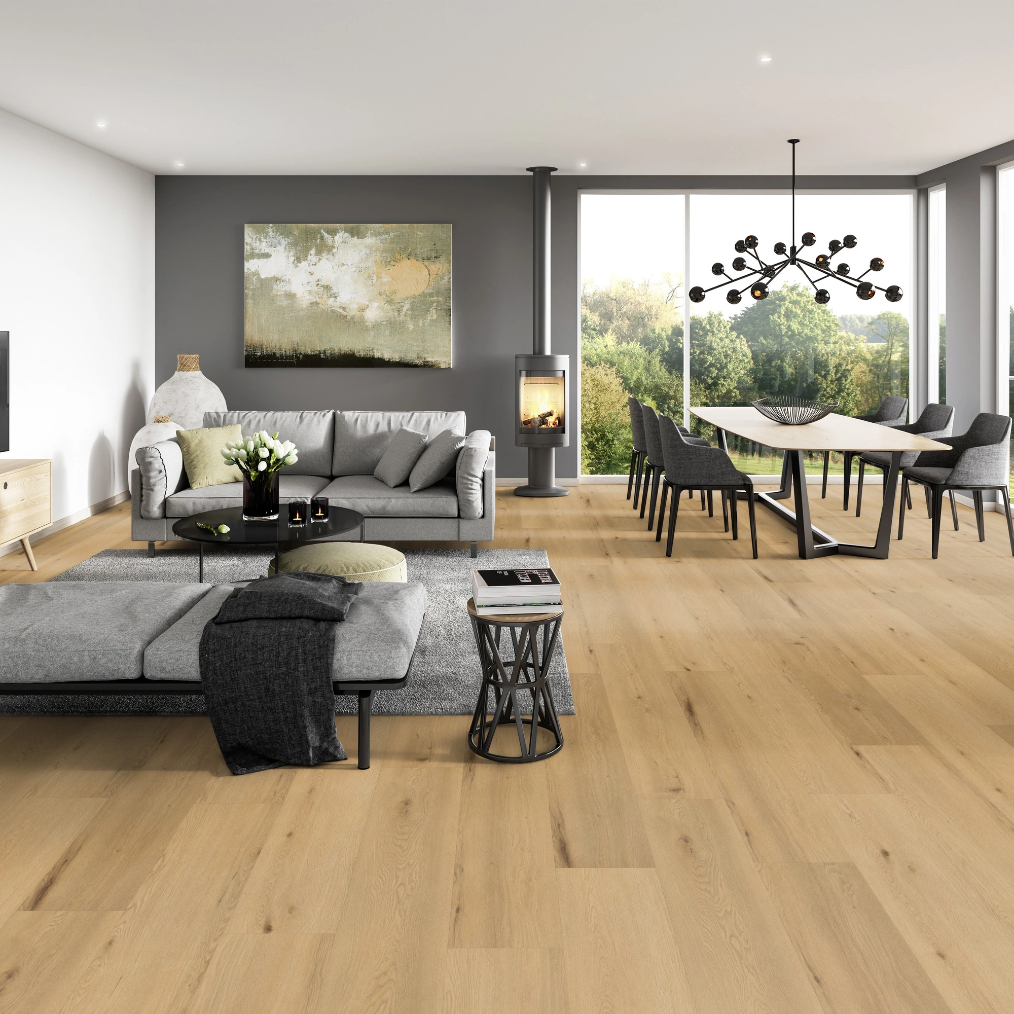 Milieubild Modernes Wohnzimmer mit Essbereich - ter Hürne Klebe-Vinyl Pro Classic Edition Eiche Marseille Milieubild Modernes Wohnzimmer mit Essbereich - ter Hürne 1101210425
