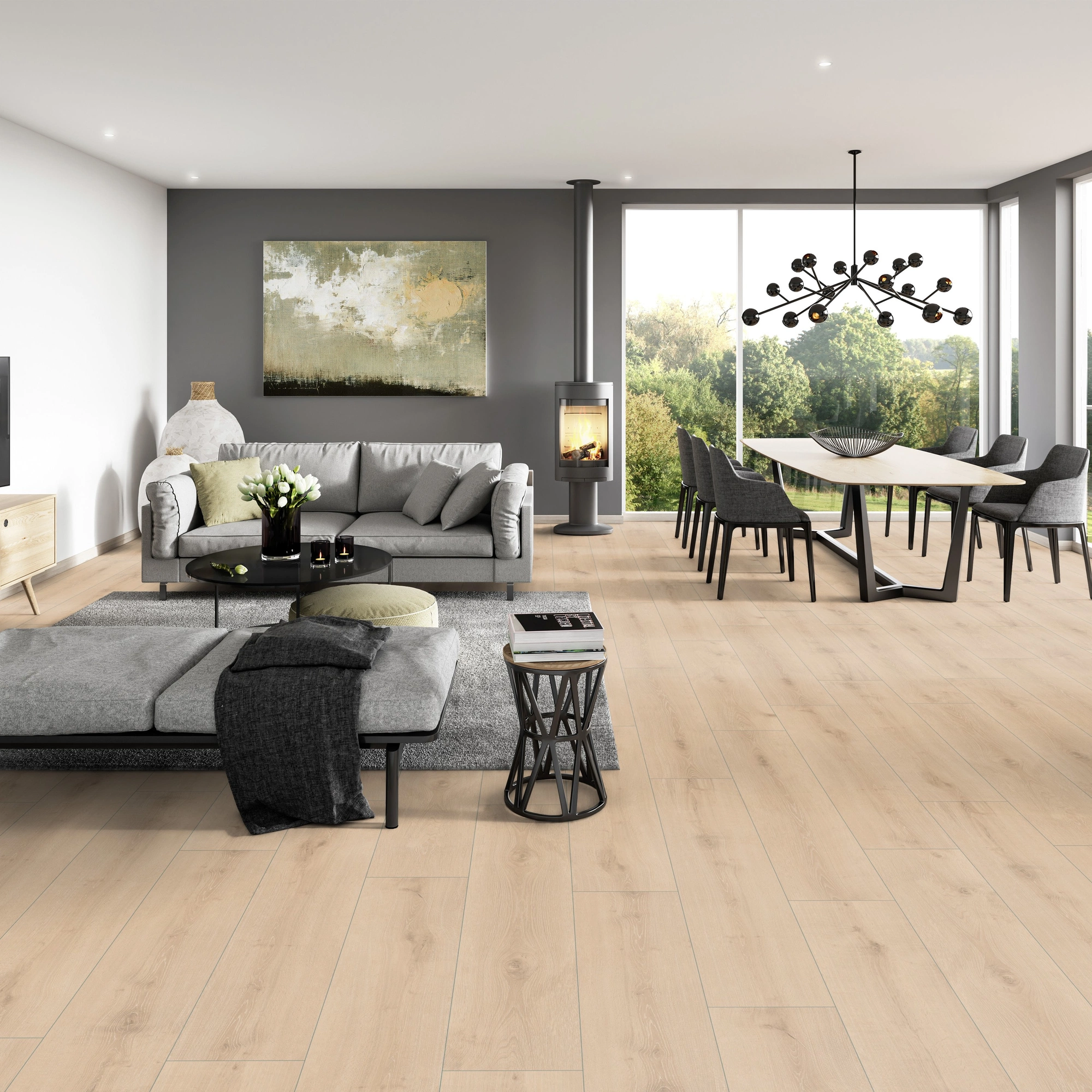 Milieubild Modernes Wohnzimmer mit Essbereich - ter Hürne Klebe-Designboden Avatara Pro Classic Edition Eiche Capella Milieubild Modernes Wohnzimmer mit Essbereich - ter Hürne 1101270110