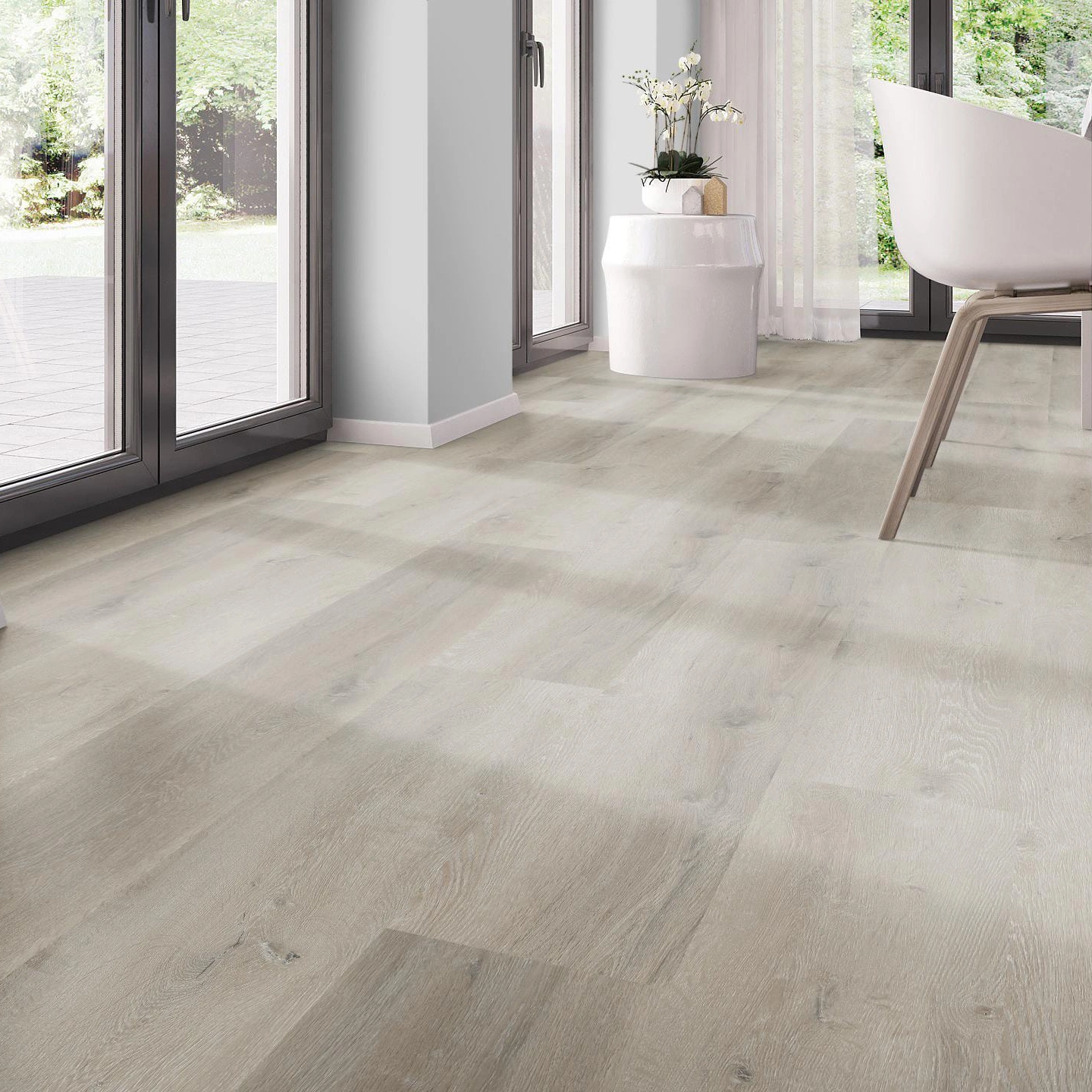 Milieubild Modernes Esszimmer - bodentiefe Perspektive - nexflor Rigid Klick-Vinyl Helios Click Collection Teos Oak Milieubild Modernes Esszimmer - bodentiefe Perspektive - nexflor NXF-20030-004