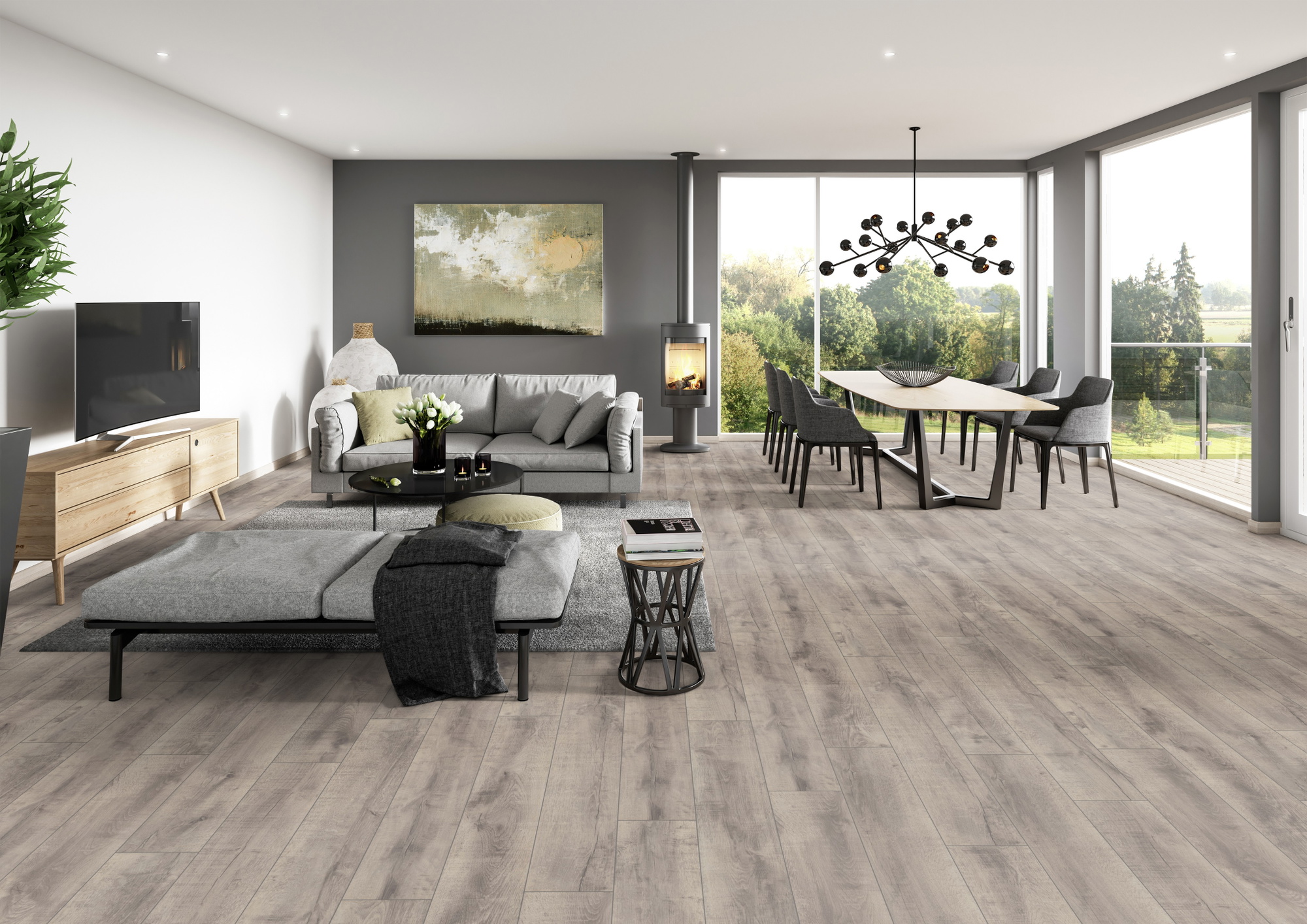 Milieubild Modernes Wohnzimmer mit Essbereich - ter Hürne HDF Klick-Designboden Dureco Silent Classic Edition Eiche Curacao Milieubild Modernes Wohnzimmer mit Essbereich - ter Hürne 1101330002