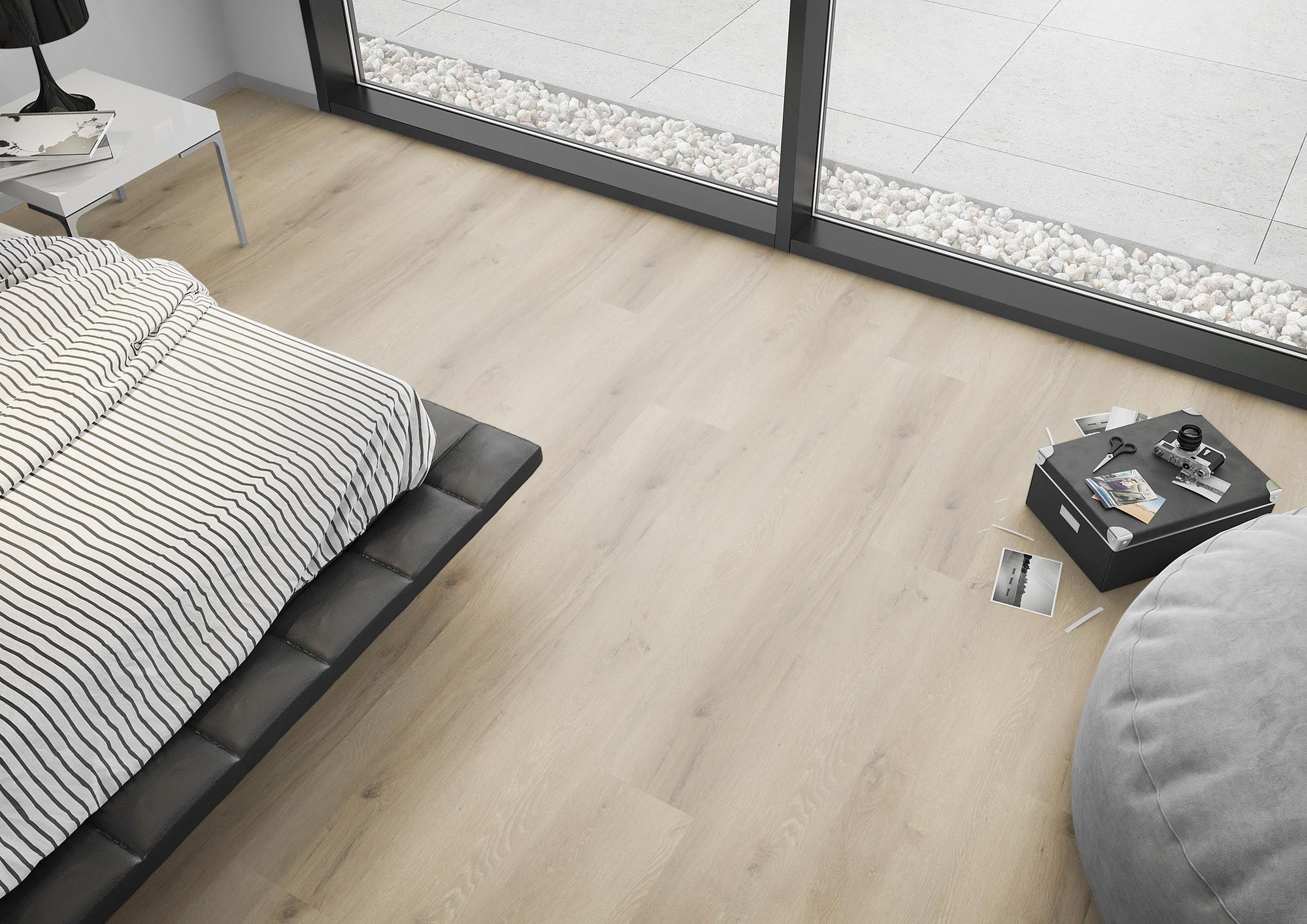 Milieubild Schlafzimmer mit Sitzkissen - nexflor Rigid Klick-Vinyl Helios Click Collection Ithaca Oak Milieubild Schlafzimmer mit Sitzkissen - nexflor NXF-20030-007