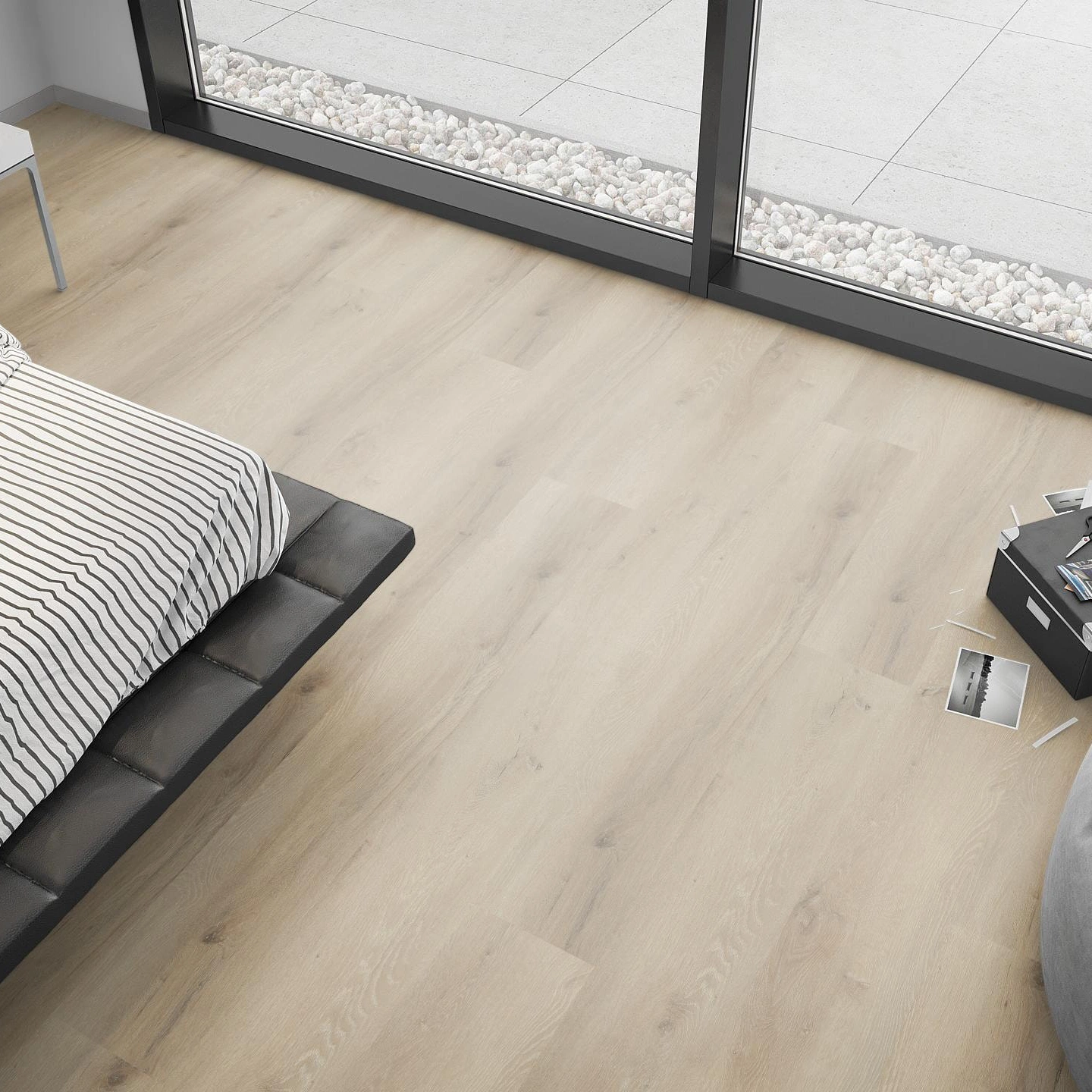 Milieubild Schlafzimmer mit Sitzkissen - nexflor Rigid Klick-Vinyl Helios Click Collection Ithaca Oak Milieubild Schlafzimmer mit Sitzkissen - nexflor NXF-20030-007