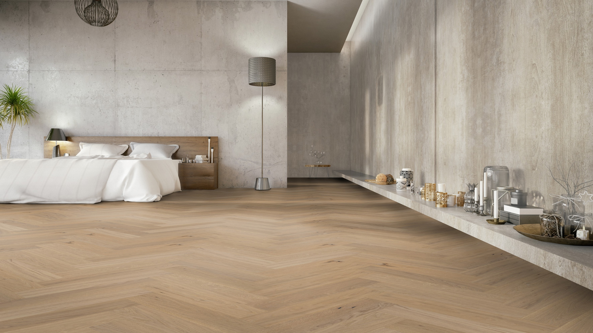 Milieubild Großzügiges Schafzimmer mit Betonwänden - Thede & Witte Parkett Maxistab Eiche Rohoptik Milieubild Großzügiges Schafzimmer mit Betonwänden - Thede & Witte 52MSÖNF15EI53