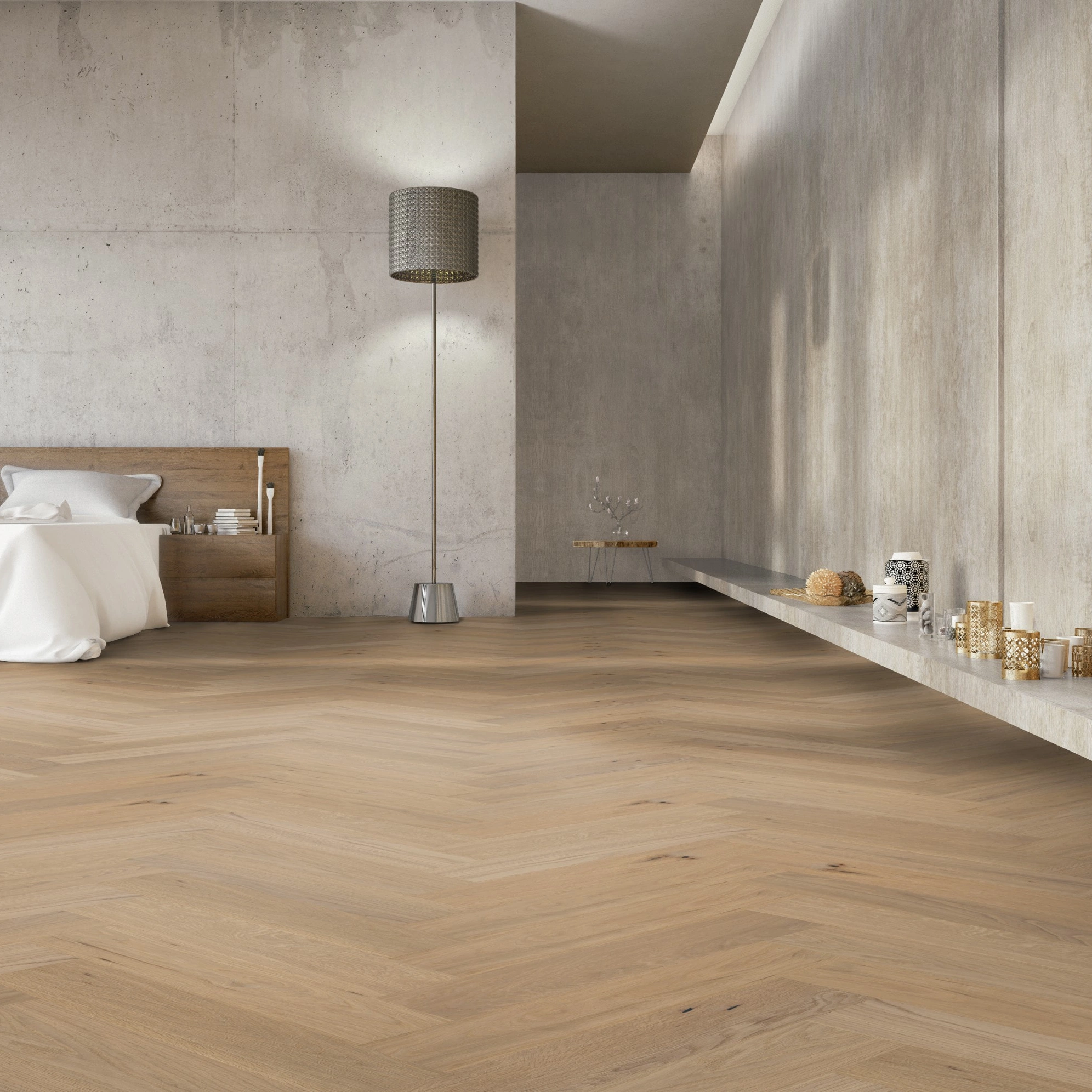 Milieubild Großzügiges Schafzimmer mit Betonwänden - Thede & Witte Parkett Maxistab Eiche Rohoptik Milieubild Großzügiges Schafzimmer mit Betonwänden - Thede & Witte 52MSÖNF15EI53