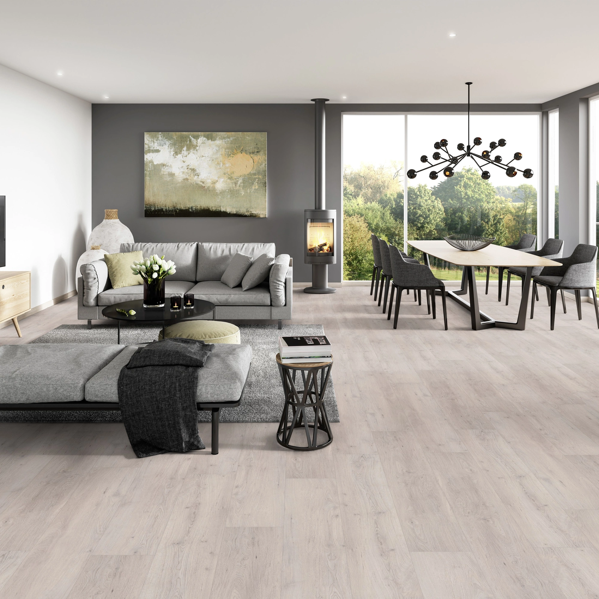 Milieubild Modernes Wohnzimmer mit Essbereich - ter Hürne Klebe-Vinyl Pro Classic Choice Eiche Helsinki Milieubild Modernes Wohnzimmer mit Essbereich - ter Hürne 1101210604