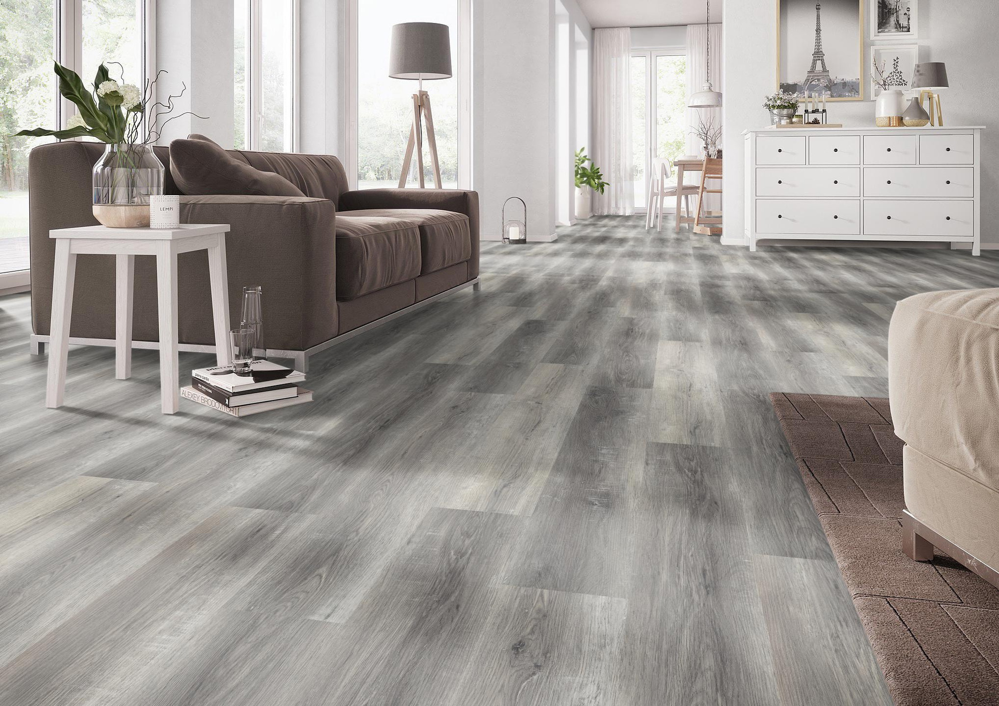 Milieubild Wohnzimmer mit Couch - nexflor Rigid Klick-Vinyl Apollo Click Collection Troy Oak Milieubild Wohnzimmer mit Couch - nexflor NXF-60030-004