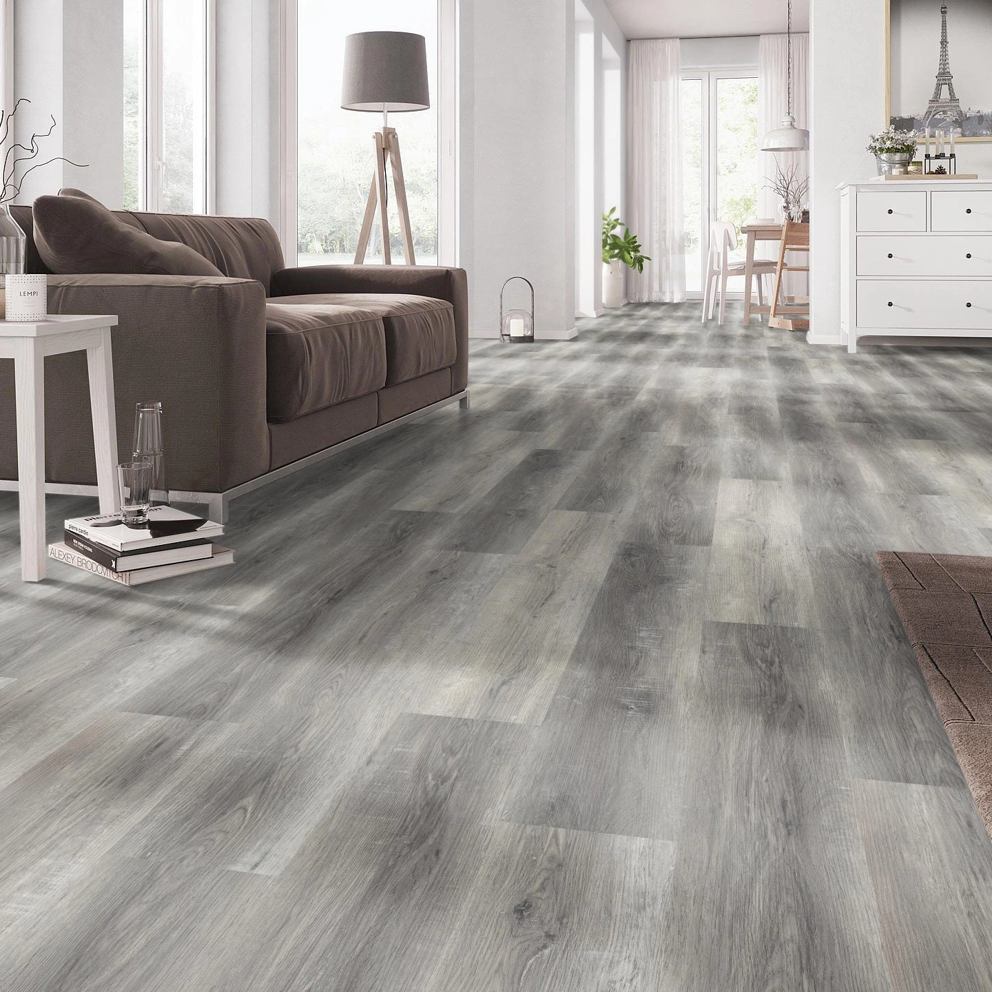 Milieubild Wohnzimmer mit Couch - nexflor Rigid Klick-Vinyl Apollo Click Collection Troy Oak Milieubild Wohnzimmer mit Couch - nexflor NXF-60030-004