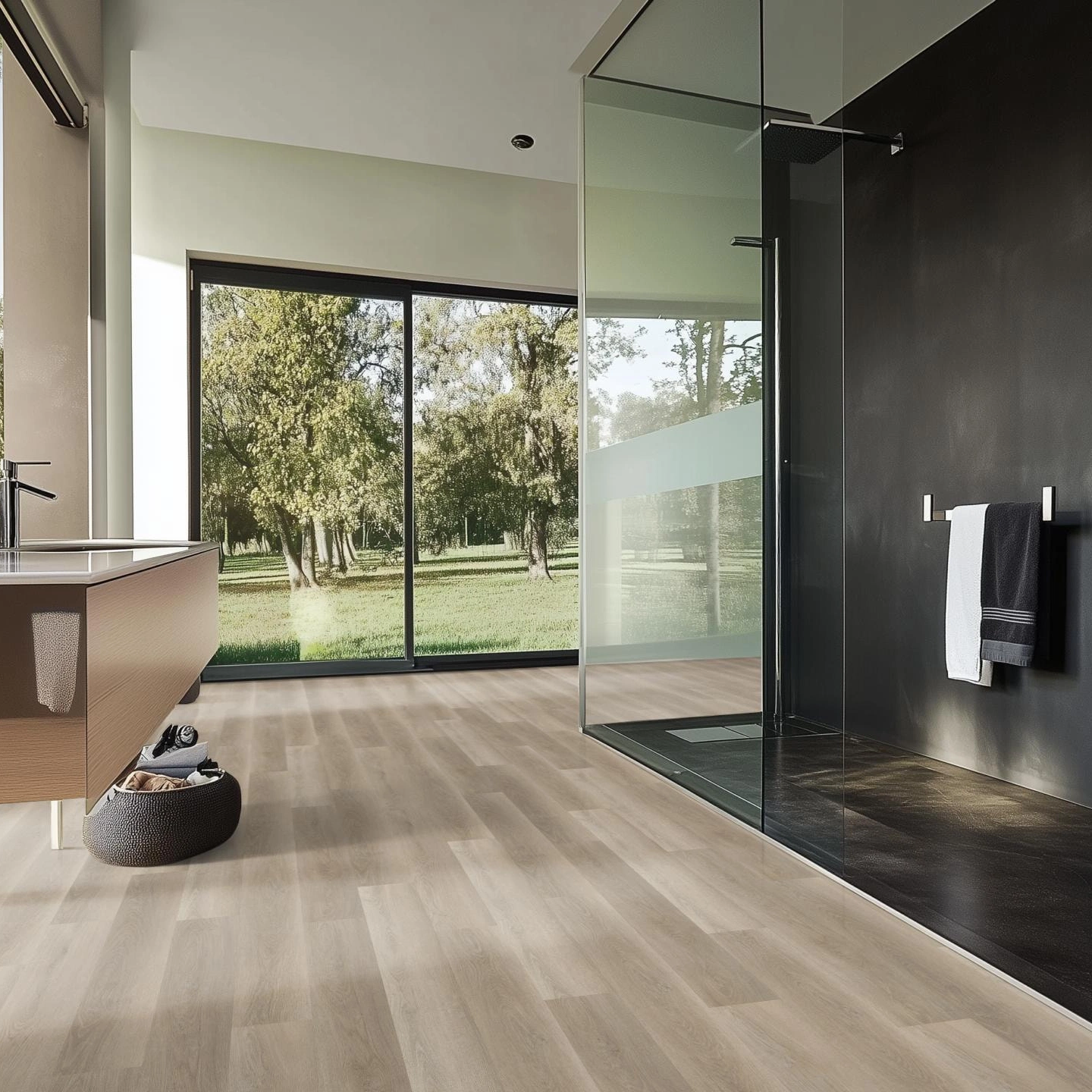 Milieubild Modernes Badezimmer mit bodentiefer Dusche - nexflor Rigid Klick-Vinyl Apollo Click Collection Aegina Oak Milieubild Modernes Badezimmer mit bodentiefer Dusche - nexflor NXF-60030-016
