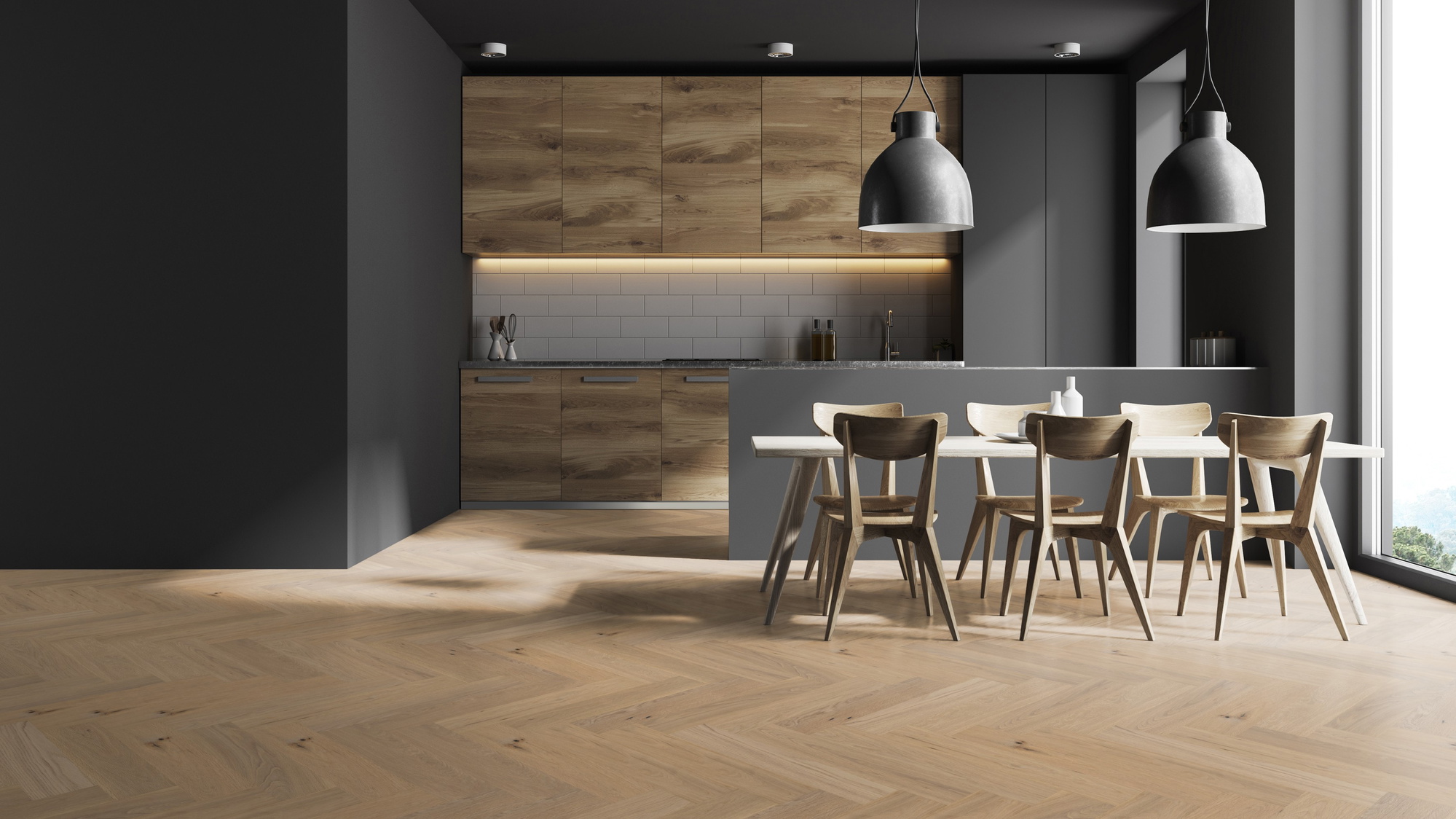 Milieubild Moderne Küche in dunkler Optik mit Essbereich - Thede & Witte Parkett Maxistab Eiche Rohoptik Milieubild Moderne Küche in dunkler Optik mit Essbereich - Thede & Witte 52MSÖNF15EI53