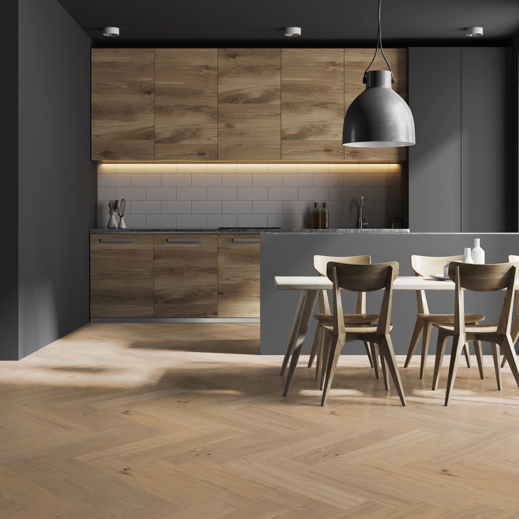 Milieubild Moderne Küche in dunkler Optik mit Essbereich - Thede & Witte Parkett Maxistab Eiche Rohoptik Milieubild Moderne Küche in dunkler Optik mit Essbereich - Thede & Witte 52MSÖNF15EI53
