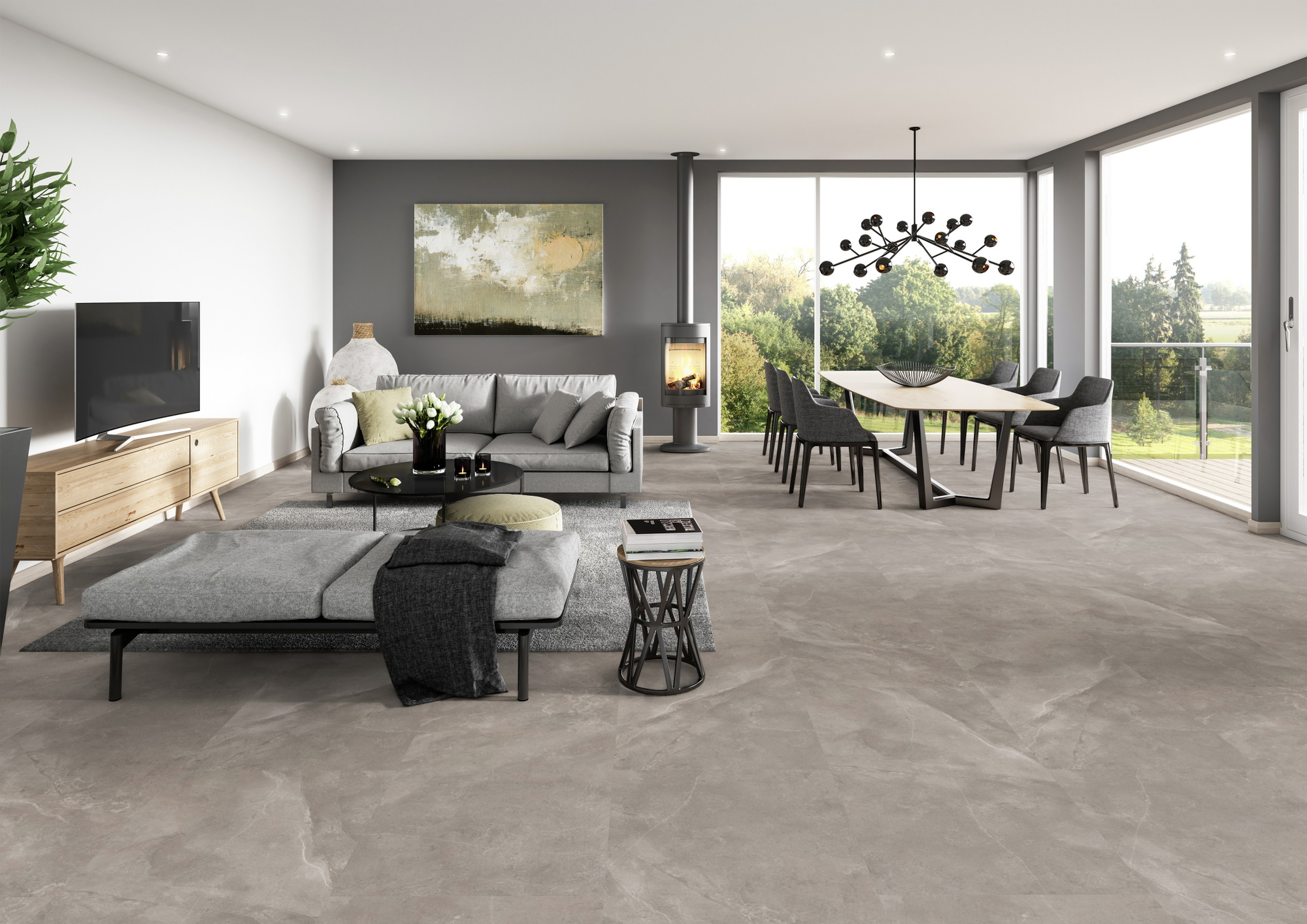 Milieubild Modernes Wohnzimmer mit Essbereich - ter Hürne Klebe-Designboden Avatara Pro Stone Edition Stein Dia Milieubild Modernes Wohnzimmer mit Essbereich - ter Hürne 1101270304
