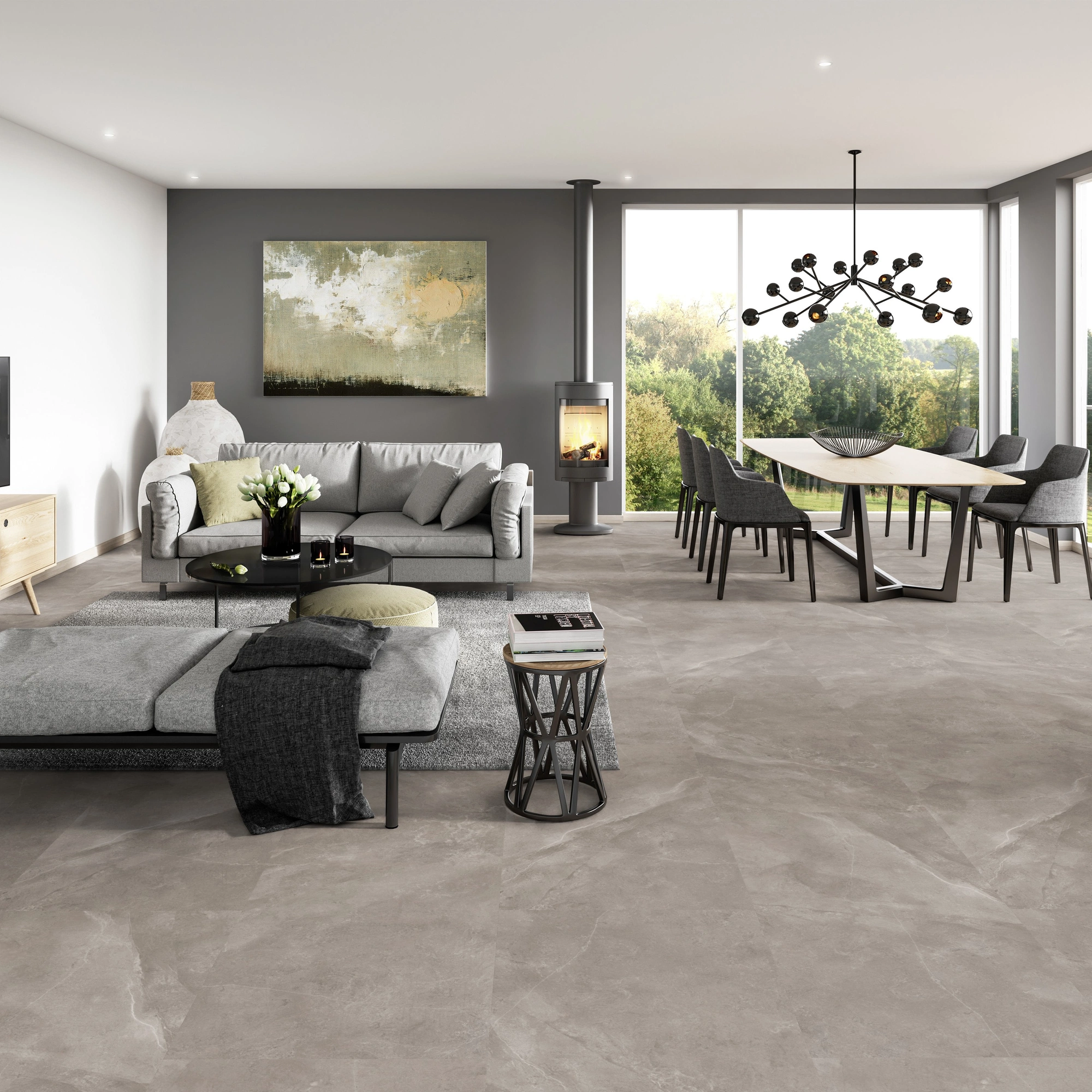 Milieubild Modernes Wohnzimmer mit Essbereich - ter Hürne Klebe-Designboden Avatara Pro Stone Edition Stein Dia Milieubild Modernes Wohnzimmer mit Essbereich - ter Hürne 1101270304
