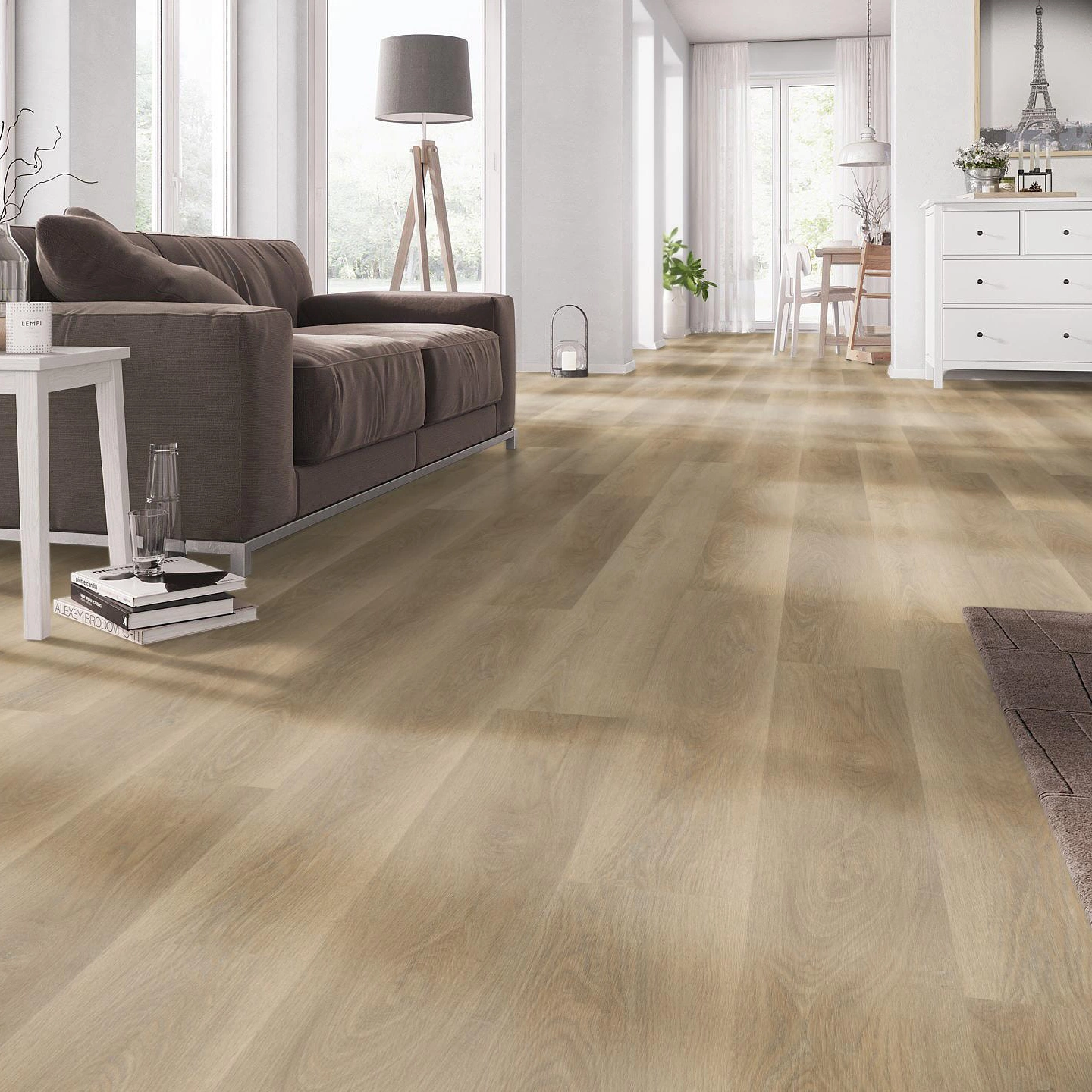 Milieubild Wohnzimmer mit Couch - nexflor Rigid Klick-Vinyl Apollo Click Collection Thebes Oak Milieubild Wohnzimmer mit Couch - nexflor NXF-60030-013
