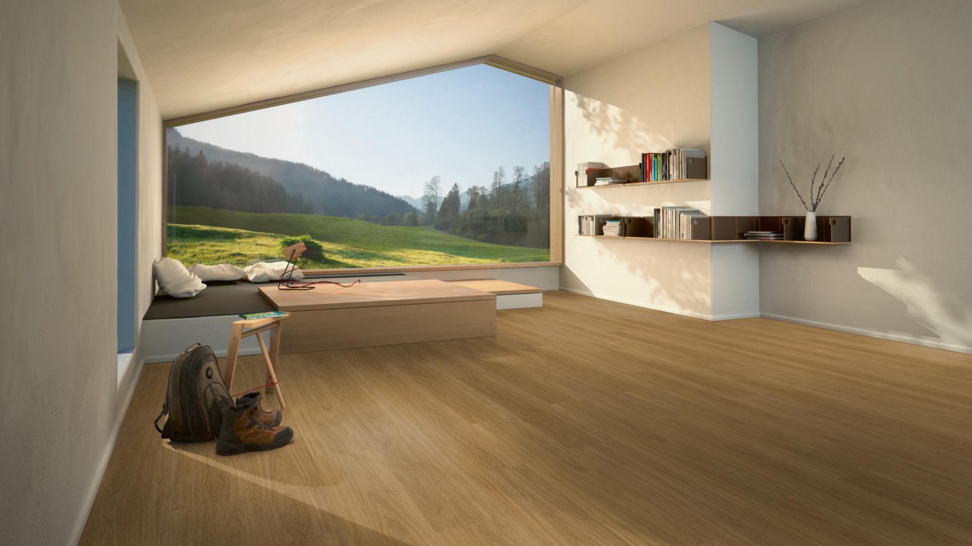 Milieubild Moderne Hütte mit Blick in die Natur - Parador Klebe-Vinyl Classic 2025 Eiche Oxford karamellbraun Milieubild Moderne Hütte mit Blick in die Natur - Parador 1748869
