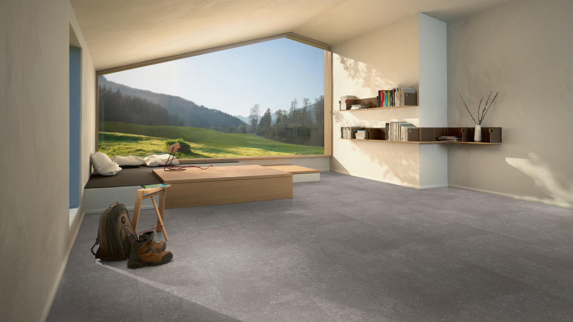 Milieubild Moderne Hütte mit Blick in die Natur - Parador HDF Klick-Designboden Modular ONE Granit grau Milieubild Moderne Hütte mit Blick in die Natur - Parador 1743536