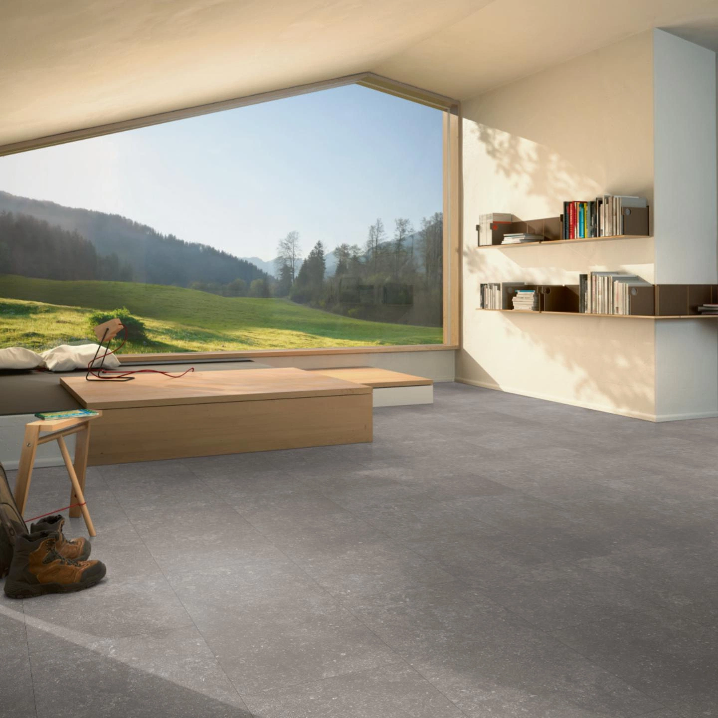 Milieubild Moderne Hütte mit Blick in die Natur - Parador HDF Klick-Designboden Modular ONE Granit grau Milieubild Moderne Hütte mit Blick in die Natur - Parador 1743536