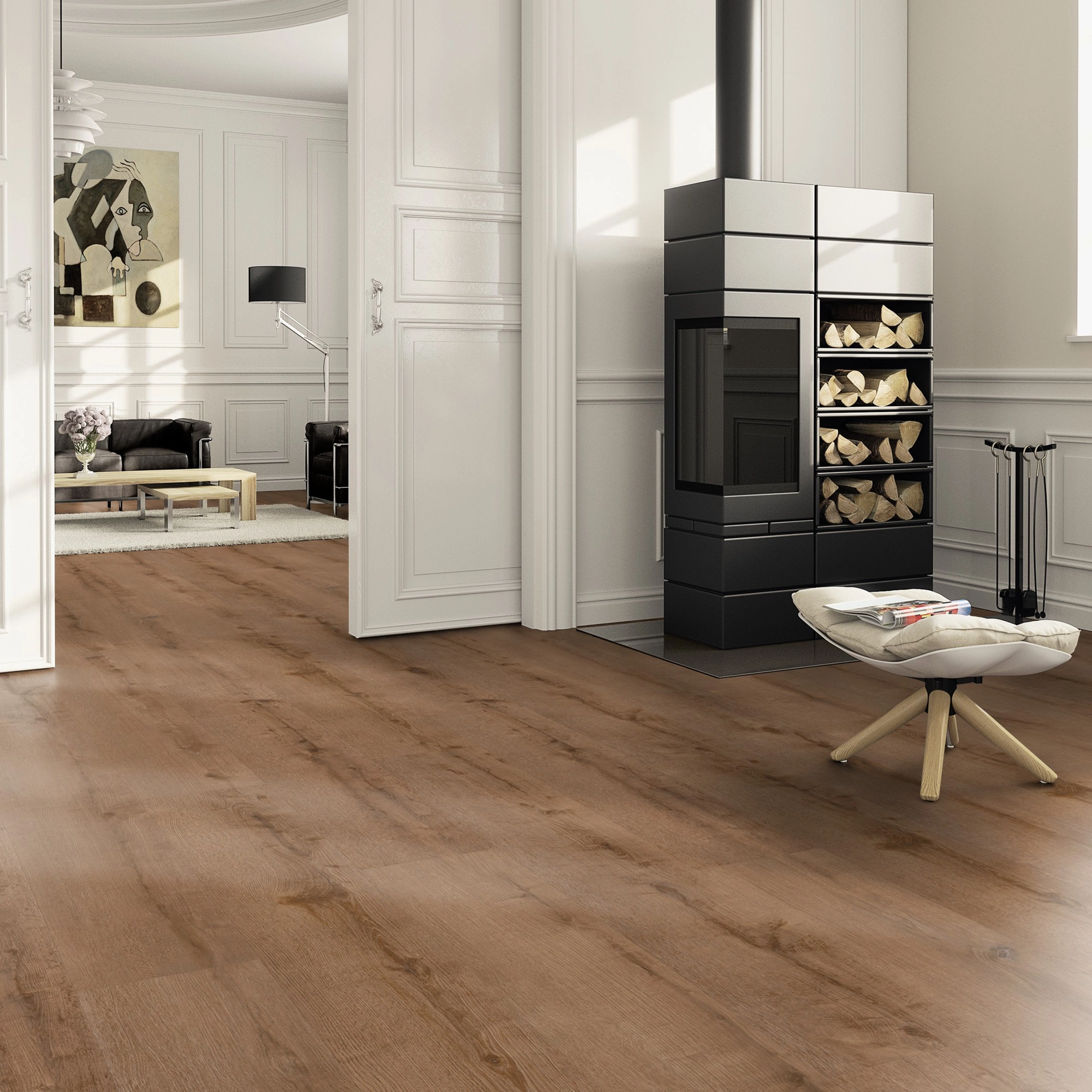 Milieubild Wohnzimmer im Landhaus-Stil mit Kamin - ter Hürne Klebe-Vinyl Pro Grand Choice Eiche Washington Milieubild Wohnzimmer im Landhaus-Stil mit Kamin - ter Hürne 1101210409