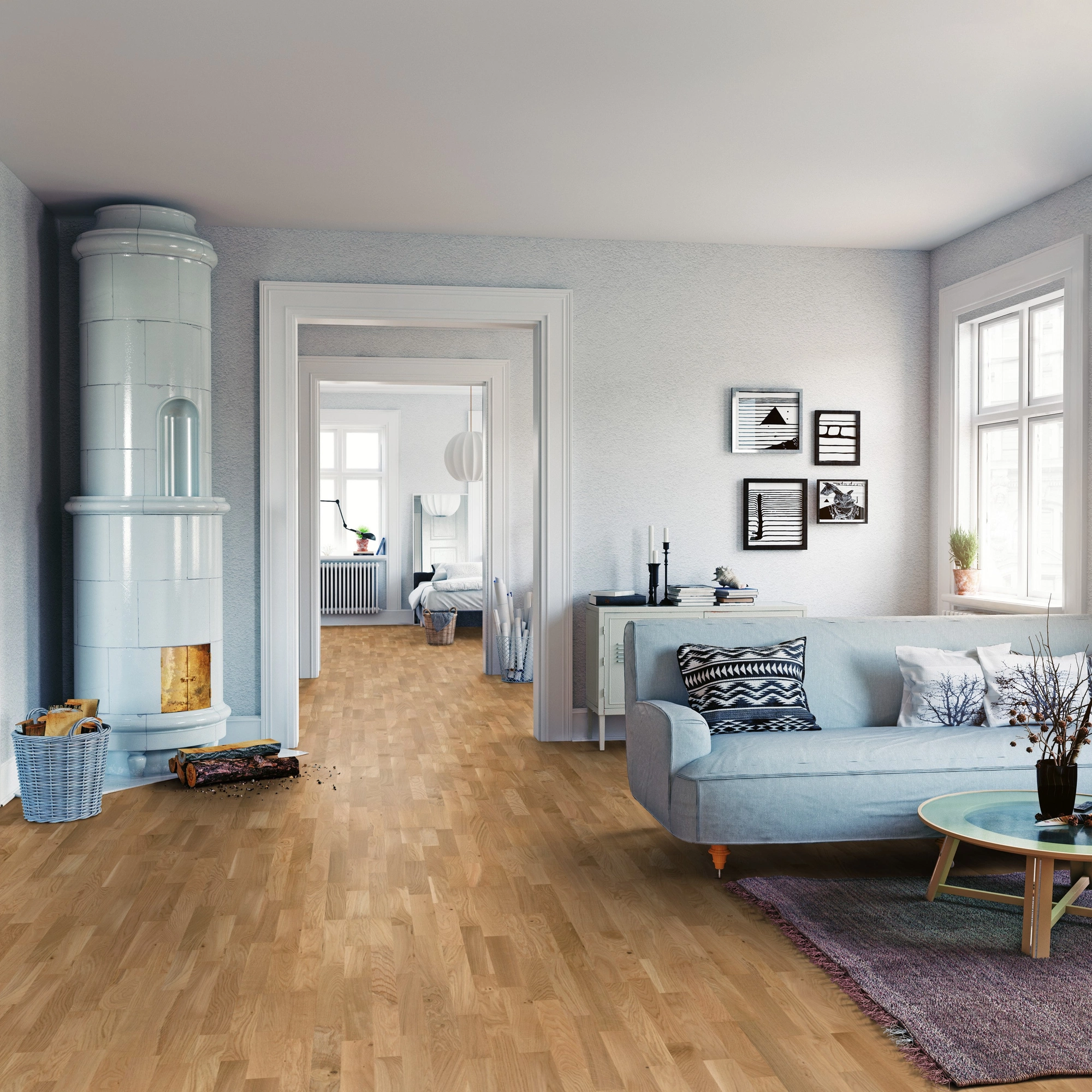 Milieubild Wohnzimmer mit Sofa und Kachelofen - ter Hürne Parkett Elements Collection EVO Eiche Eira Milieubild Wohnzimmer mit Sofa und Kachelofen - ter Hürne 1101312601