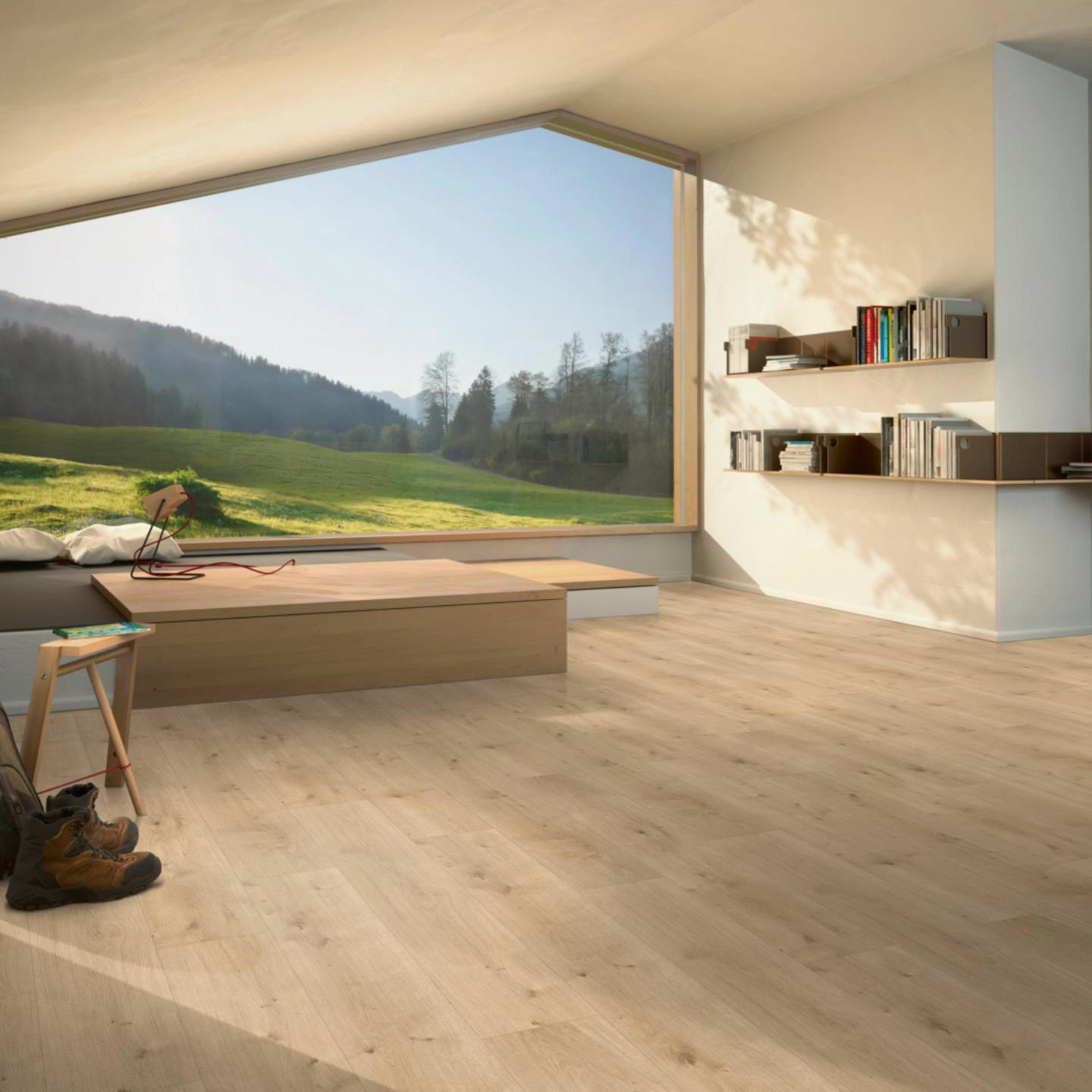 Milieubild Moderne Hütte mit Blick in die Natur - Parador HDF Klick-Designboden Modular ONE Eiche Pure hell Milieubild Moderne Hütte mit Blick in die Natur - Parador 1730767