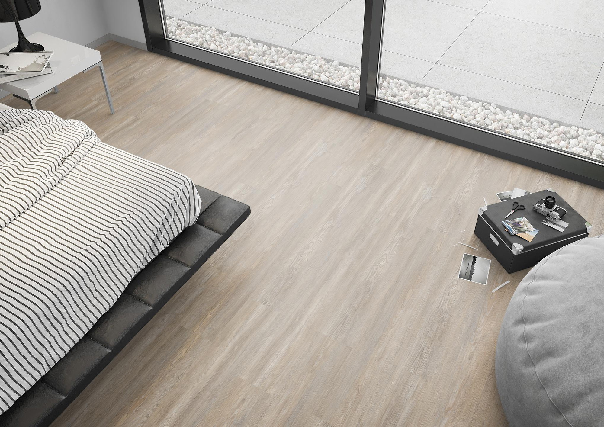 Milieubild Schlafzimmer mit Sitzkissen - nexflor Rigid Klick-Vinyl Apollo Click Collection Olympia Oak Milieubild Schlafzimmer mit Sitzkissen - nexflor NXF-60030-005