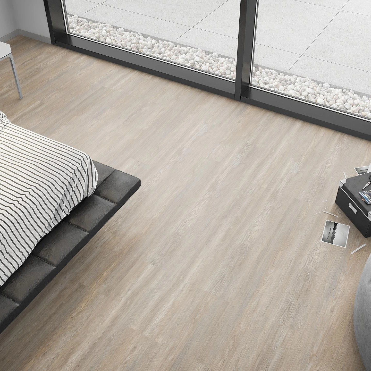 Milieubild Schlafzimmer mit Sitzkissen - nexflor Rigid Klick-Vinyl Apollo Click Collection Olympia Oak Milieubild Schlafzimmer mit Sitzkissen - nexflor NXF-60030-005