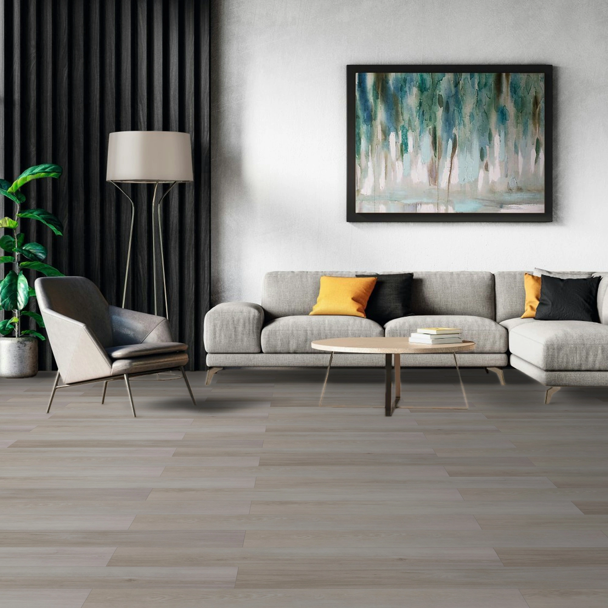 Milieubild Modernes Wohnzimmer mit Sessel und Sofa - BerryAlloc Klebe-Vinyl Zenn Gluedown 55 Oslo Milieubild Modernes Wohnzimmer mit Sessel und Sofa - BerryAlloc 60002253