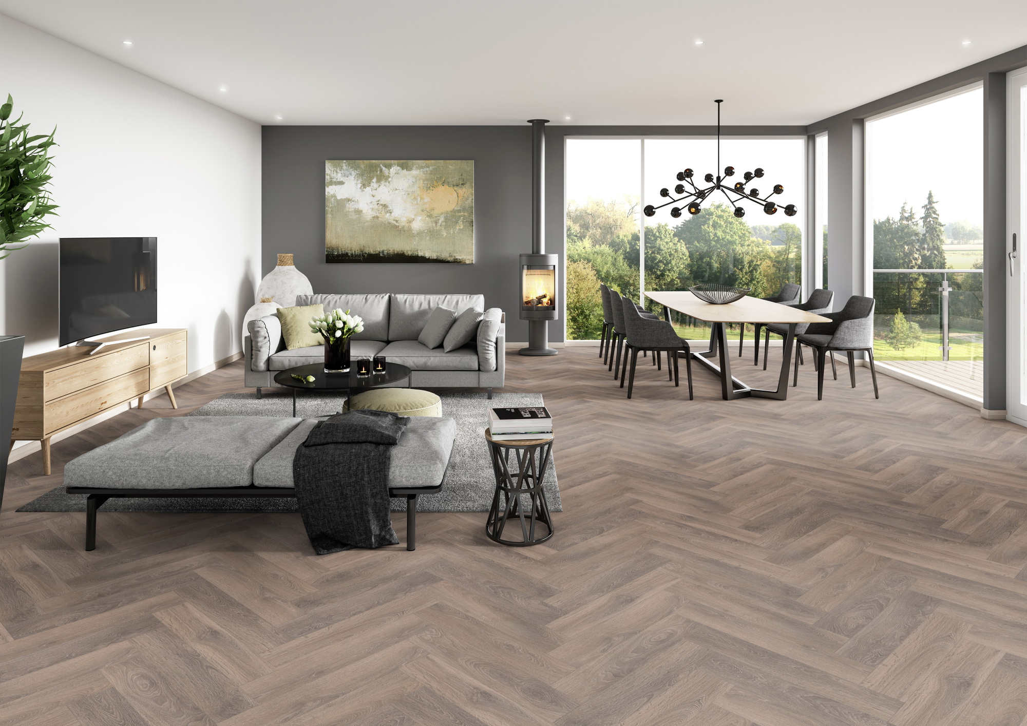 Milieubild Modernes Wohnzimmer mit Essbereich - ter Hürne Laminat Herringbone Edition Eiche Suite Milieubild Modernes Wohnzimmer mit Essbereich - ter Hürne 1101021851