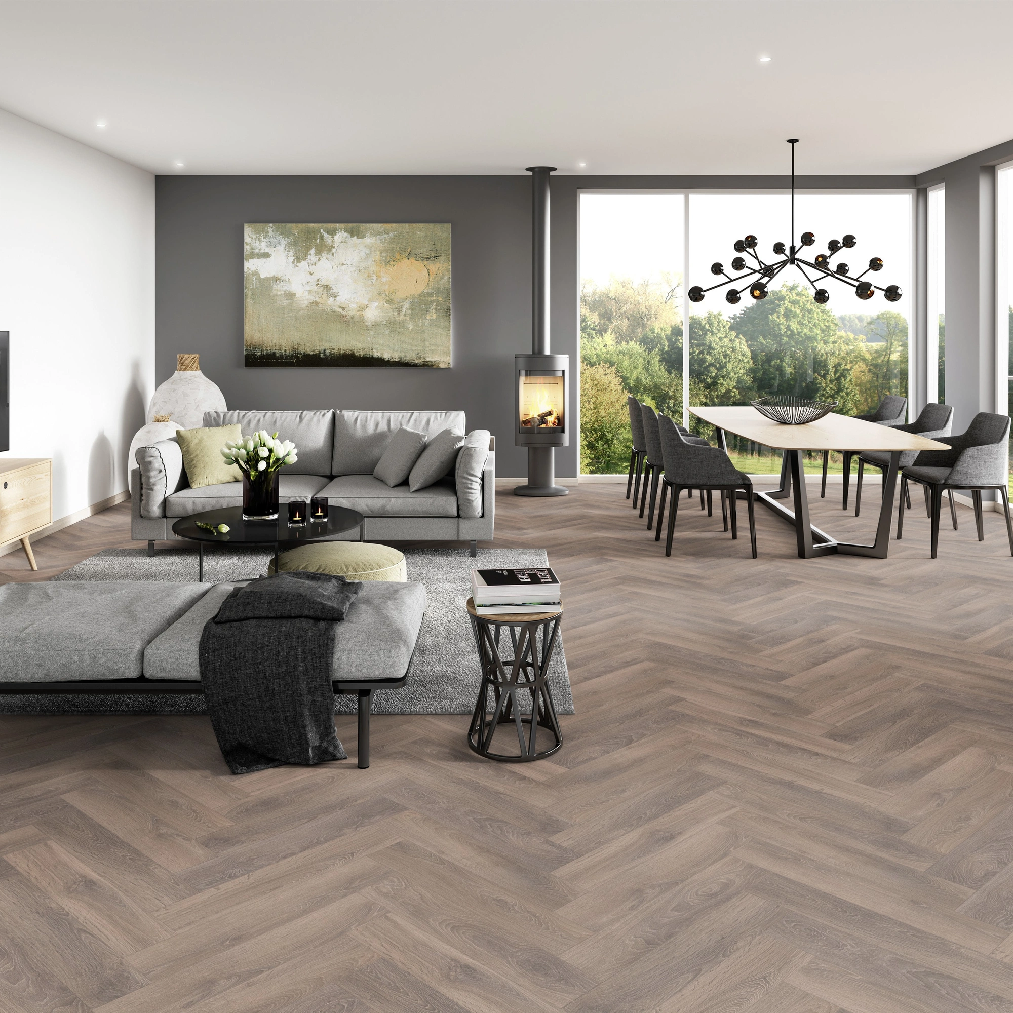 Milieubild Modernes Wohnzimmer mit Essbereich - ter Hürne Laminat Herringbone Edition Eiche Suite Milieubild Modernes Wohnzimmer mit Essbereich - ter Hürne 1101021851