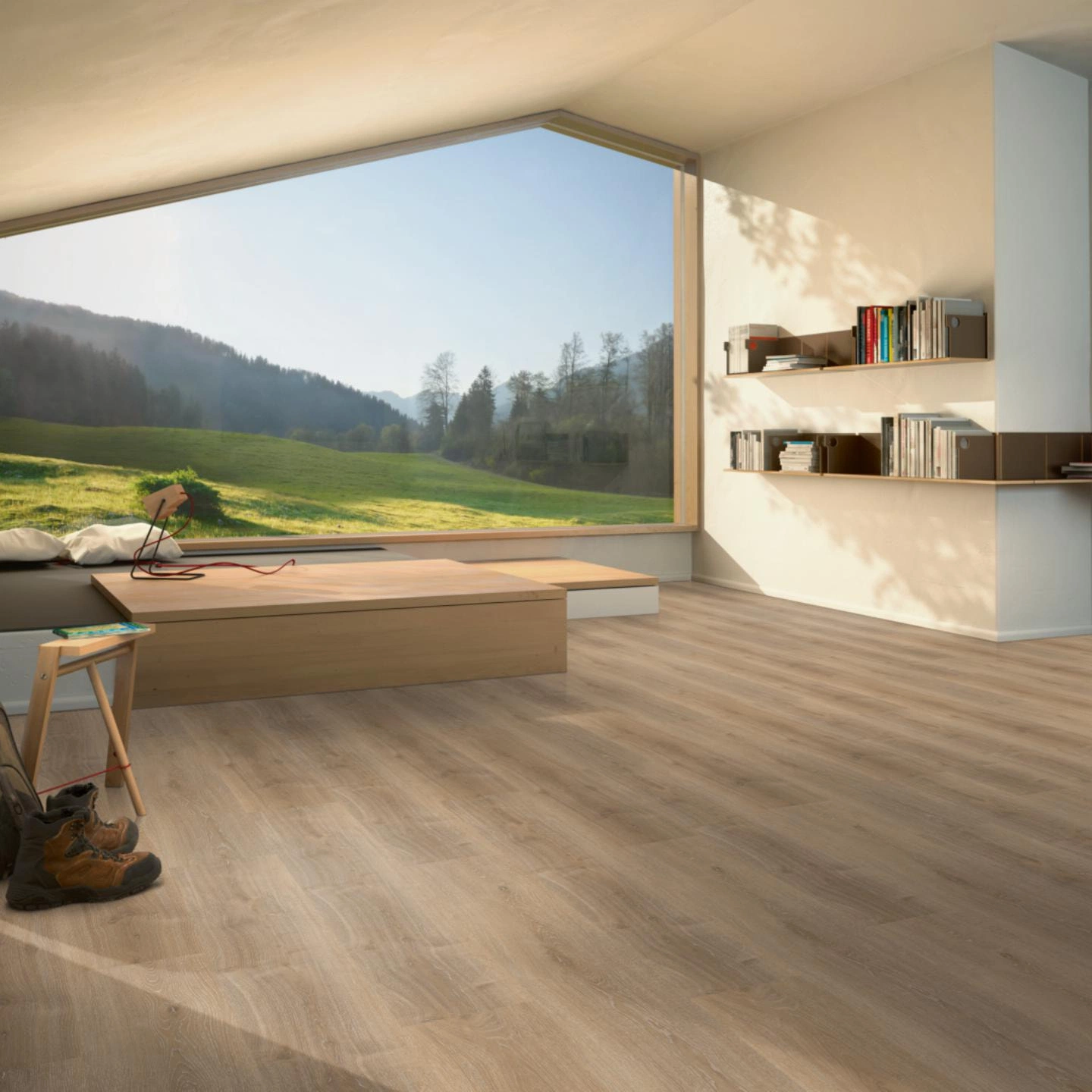 Milieubild Moderne Hütte mit Blick in die Natur - Parador Klebe-Vinyl Basic 2.0 Eiche Royal hell gekälkt Milieubild Moderne Hütte mit Blick in die Natur - Parador 1730780