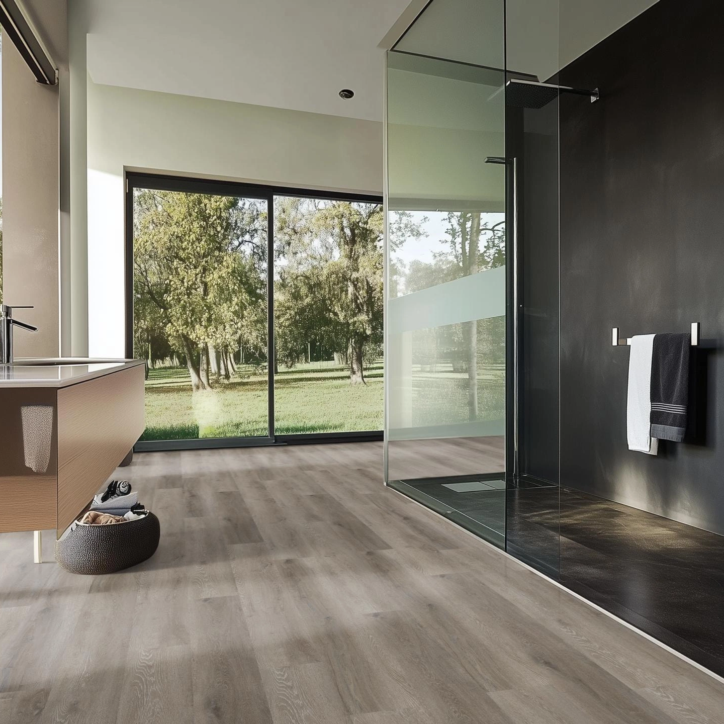Milieubild Modernes Badezimmer mit bodentiefer Dusche - nexflor Rigid Klick-Vinyl Helios Click Collection Marathon Oak Milieubild Modernes Badezimmer mit bodentiefer Dusche - nexflor NXF-20030-003